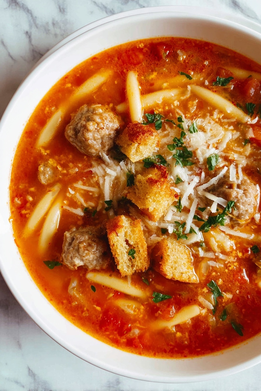 Italian Sausage Soup with Orzo, hearty sausage and orzo soup, comforting Italian sausage soup, easy sausage and orzo recipe, flavorful sausage soup - A white bowl filled with a reddish-orange broth containing small, light brown meatballs and elongated pale pasta pieces. There are crisp golden brown croutons scattered on top, along with chopped green herbs and white grated cheese sprinkled across the surface. The bowl sits on a white marbled surface. photo taken with an iphone --ar 2:3 --v 7