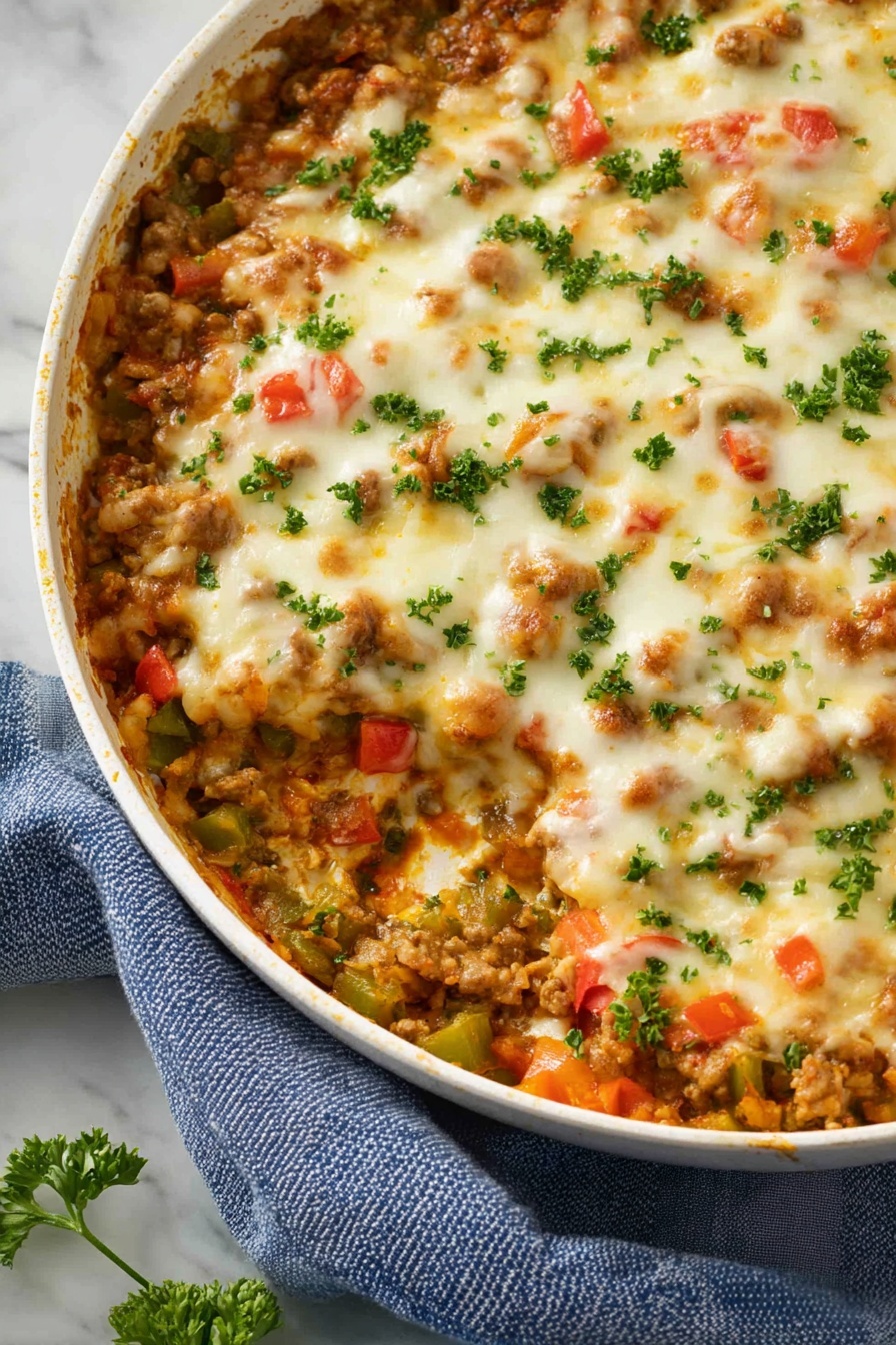 Stuffed Pepper Casserole with Sausage and Rice, stuffed pepper casserole, sausage and rice casserole, easy stuffed pepper casserole, hearty stuffed pepper dinner - This dish is a baked casserole with multiple layers visible on top. The base layer is made of crumbled cooked pieces mixed with small chopped green, red, and orange vegetables, providing a vibrant and chunky texture. The top layer is melted, creamy white cheese that blankets the dish, slightly dotted with green chopped herbs spread evenly across the surface. The casserole is served in a white pan, resting on a blue and white cloth, all set on a white marbled surface. Photo taken with an iphone --ar 2:3 --v 7