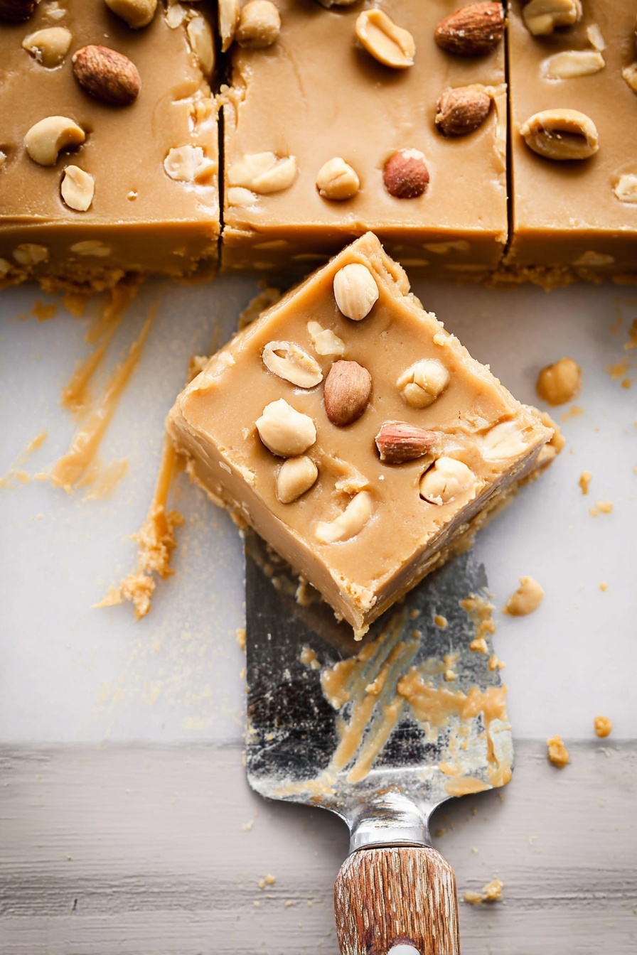Peanut Butter Cake with Creamy Frosting, peanut butter cake, moist peanut butter cake, creamy frosting recipe, homemade peanut butter dessert - Three thick square bars of light brown peanut butter fudge are shown on a white marbled surface, with one piece slightly lifted by a metal spatula with a worn wooden handle. The fudge has a smooth top layer with a slightly shiny texture, sprinkled evenly with whole and halved peanuts. The edges of the fudge are clean, and crumbs are scattered around on the surface. Photo taken with an iphone --ar 2:3 --v 7