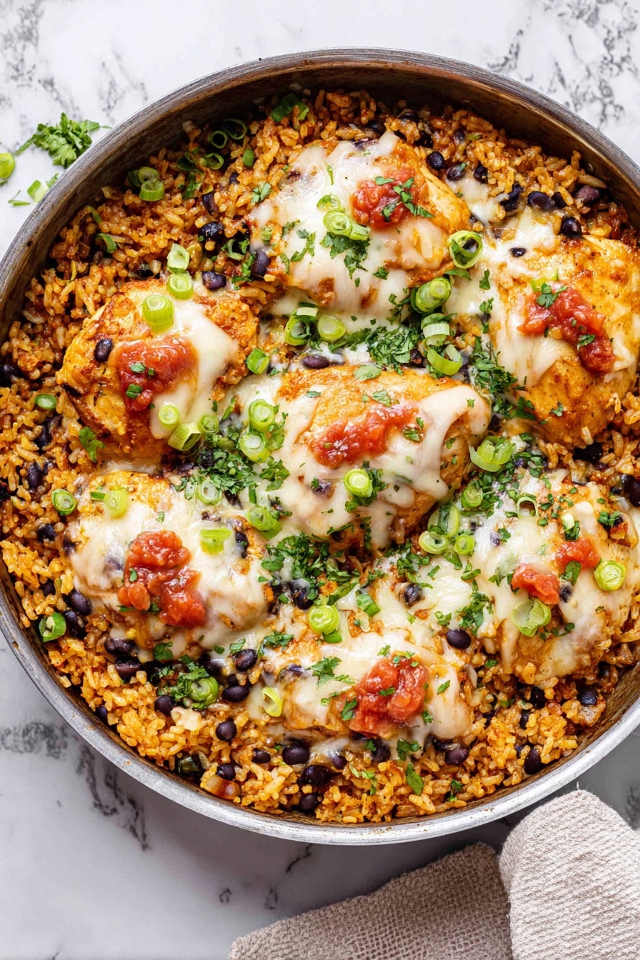 Salsa Chicken and Cauliflower Rice Skillet,healthy chicken skillet recipe,low-carb chicken dinner,sheet pan cauliflower rice meal,easy weeknight chicken dinner - A round pan filled with a base layer of cooked golden-brown rice mixed with black beans and finely chopped green onions, giving it a textured, slightly moist look. On top, there are six pieces of browned chicken, each covered with melted white and yellow cheese that is slightly bubbly and stringy, with dollops of red tomato sauce scattered over the cheese. Fresh chopped green herbs and more green onion slices are sprinkled evenly across the dish, adding pops of bright green color. The pan sits on a white marbled surface with a light-colored cloth partially visible at the top right corner. Photo taken with an iphone --ar 2:3 --v 7