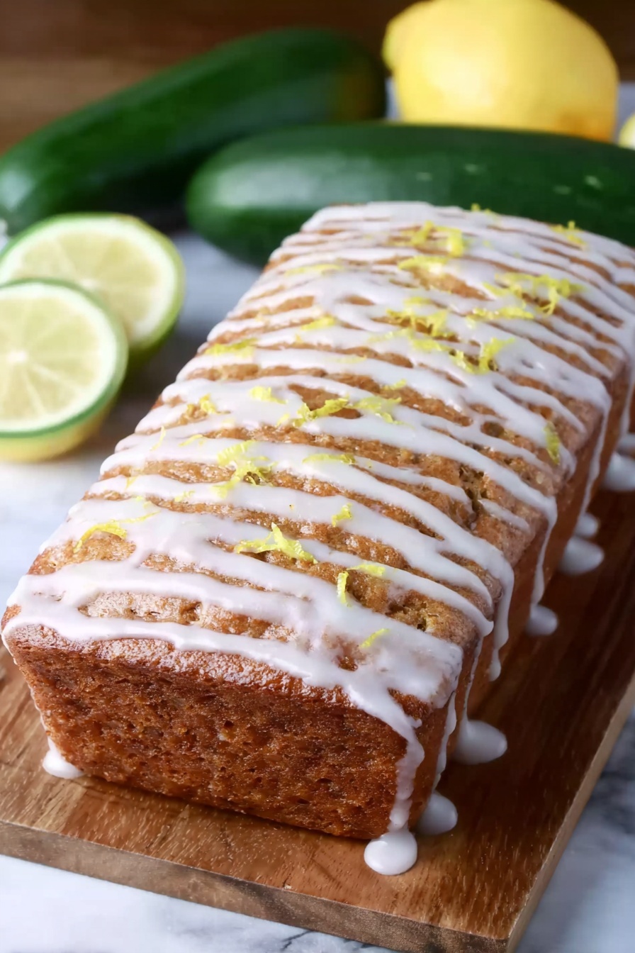 Lemon Zucchini Bread, zucchini bread with lemon, moist lemon zucchini loaf, quick zucchini bread recipes, lemon zucchini cake - A rectangular loaf cake sits on a clear glass tray placed on a wooden board, showing a dense, slightly textured brown surface. The top is covered with a thin, white glaze drizzled unevenly in diagonal lines, with small bits of yellow zest scattered across the top. In the background on a white marbled surface, two whole green zucchinis and two lemon slices with pale yellow flesh are visible, adding a fresh contrast to the warm tones of the cake. Photo taken with an iphone --ar 2:3 --v 7