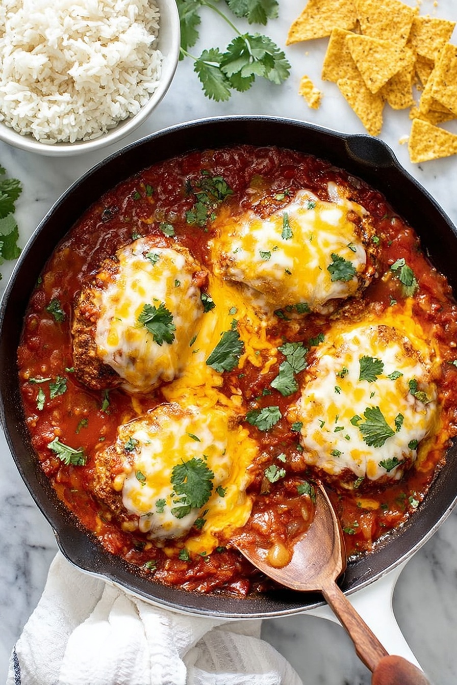 Salsa Chicken Bake, Chicken Bake with Salsa, Easy Salsa Chicken Dinner, Cheesy Salsa Chicken Casserole, Quick Chicken Salsa Recipe - The image shows a white cast iron pan filled with four large pieces of meat covered by melted yellow and white cheese. These pieces sit in a thick, bright red tomato sauce with bits of herbs and vegetables visible. Bright green cilantro leaves are scattered on top of the cheese. A spoon with a wooden handle rests in the right side of the pan, partly covered by sauce. Nearby, a white bowl is filled with plain white rice, and to the top right, scattered crispy yellow tortilla strips add texture. The background is a white marbled surface, and a white cloth is partly visible near the pan. Photo taken with an iphone --ar 2:3 --v 7