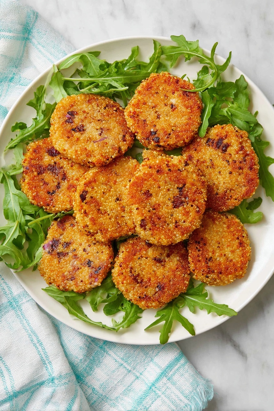 Quinoa Patties with Mozzarella, gluten-free quinoa patties, easy vegetarian snacks, healthy cheesy appetizers, crispy quinoa patties - The image shows a white plate filled with about ten golden-brown, round patties that have a crunchy, textured look with visible small bits of red onion and quinoa. The patties are arranged overlapping each other, creating a layered effect, and are surrounded by fresh, bright green arugula leaves scattered around the edges of the plate. The plate is placed on a white marbled surface with a light blue and white checkered cloth nearby, creating a fresh and simple setting. photo taken with an iphone --ar 2:3 --v 7