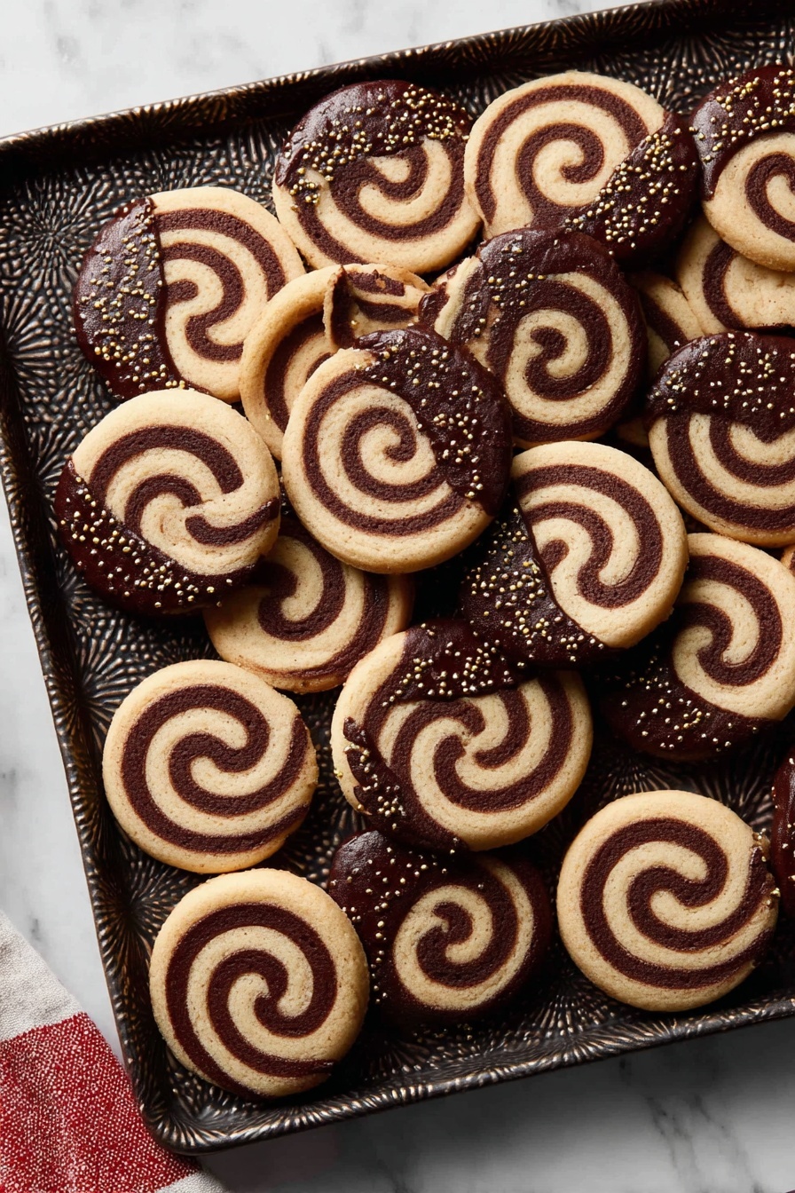 Chocolate Pinwheel Cookies, swirly cookie recipe, vanilla and chocolate cookies, easy cookie baking, decorative cookie recipes - A tray filled with many round cookies shows two swirled layers, one light beige and one dark brown, creating a spiral pattern from the center to the edge. About half of these cookies are dipped on one side in dark chocolate, which is smooth and shiny and sprinkled lightly with small golden bits. The tray is dark with a textured pattern and sits on a white marbled surface. A bit of a red and white cloth is visible at the bottom left corner. photo taken with an iphone --ar 2:3 --v 7