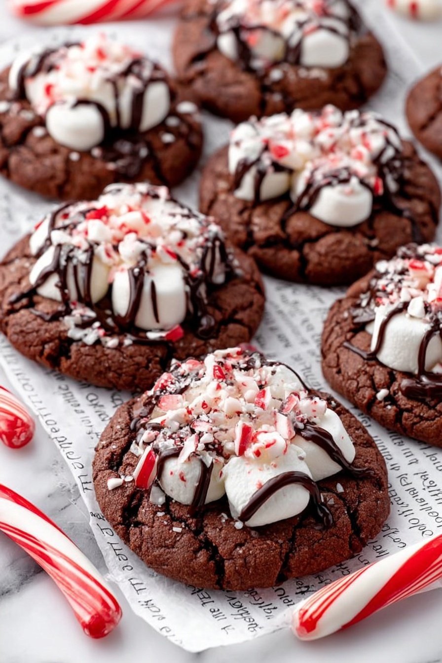 Peppermint Hot Chocolate Cookies, festive cookie recipes, winter dessert ideas, peppermint cookie video, chocolate marshmallow cookies - The image shows seven round chocolate cookies with a soft texture, each topped with a large white marshmallow that is sprinkled with small pieces of red and white crushed peppermint candy. Dark chocolate is drizzled in thin lines over the marshmallows and cookies, adding a shiny and slightly thick texture. The cookies rest on white paper with printed text, placed on a white marbled surface, with a red and white striped candy cane on the side creating a festive look. The overall colors are dark brown, white, and red, with the cookies arranged closely but not overlapping. photo taken with an iphone --ar 2:3 --v 7