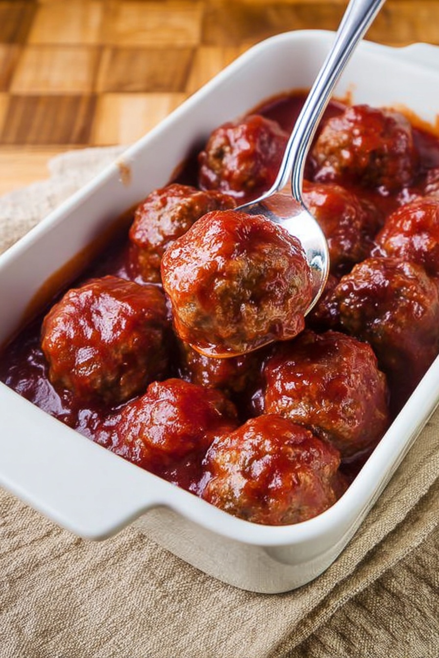 Christmas Cranberry Meatballs, holiday appetizer with cranberries, easy Christmas party snacks, festive meatball recipes, sour-sweet cranberry glaze - A white rectangular ceramic dish filled with two layers of shiny brown meatballs covered in a rich red sauce. The meatballs are round and slightly textured, sitting close together in the dish. A large silver spoon rests inside the dish, scooping one meatball, showing the softness and the thick sauce coating it. The dish is placed on a beige woven cloth on top of a wooden surface with a grid pattern. photo taken with an iphone --ar 2:3 --v 7