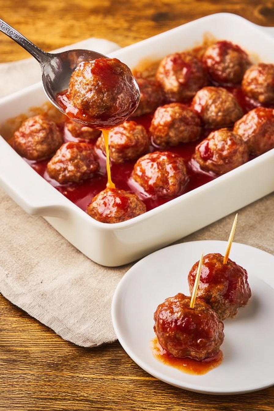 Christmas Cranberry Meatballs, holiday appetizer with cranberries, easy Christmas party snacks, festive meatball recipes, sour-sweet cranberry glaze - The image shows a white rectangular baking dish filled with about a dozen round meatballs covered in a shiny reddish-brown sauce. A metal spoon is lifting one meatball from the dish, with sauce dripping off. To the right, on a small white plate, there are two meatballs, each covered in the same sauce, and one is pierced with a toothpick. The background is a wooden textured surface with a beige cloth napkin partly under the baking dish. photo taken with an iphone --ar 2:3 --v 7