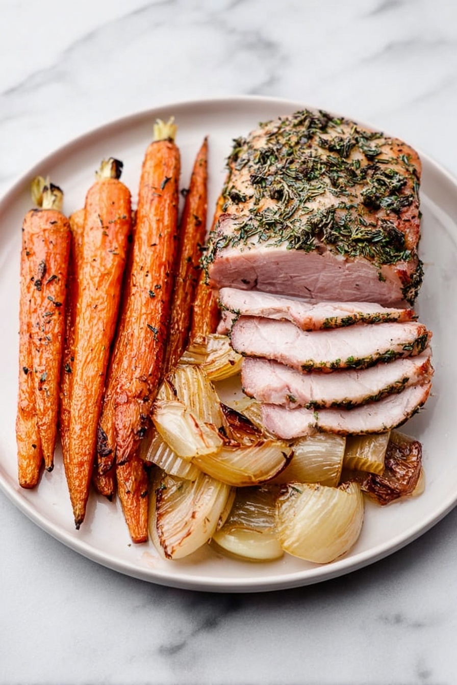Garlic Herb Italian Pork Loin, Italian pork loin roast, garlic herb pork recipe, easy pork roast recipe, flavorful pork loin dinner - A white plate on a white marbled surface holds a simple arrangement of food with three layers: the first layer is a row of orange roasted carrots on the left and right sides, showing some charring and slight wrinkles, the second layer is a few pieces of roasted light brown onion in the bottom right corner, and the third layer in the middle is several slices of thick, pale pink roasted meat covered with herbs on the outer edges, arranged in a slightly overlapping line from left to right. photo taken with an iphone --ar 2:3 --v 7
