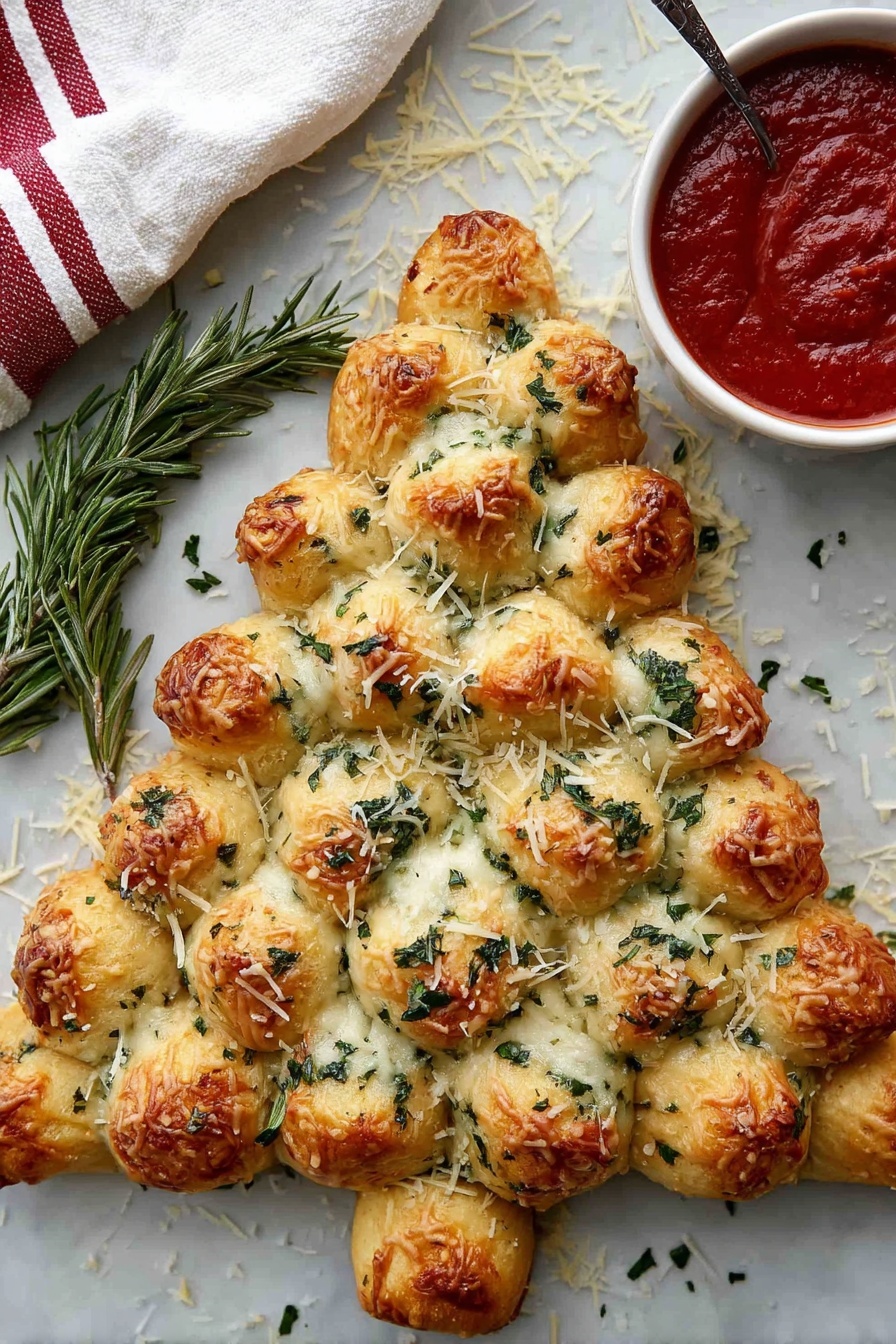 Cheesy Christmas Tree Bread, festive bread ideas, holiday pull-apart bread, Christmas party snacks, cheesy holiday bread - The image shows a Christmas tree-shaped pull-apart bread made of small golden brown dough balls. Each dough ball is topped with melted cheese and chopped green herbs, giving a mix of light yellow, white, and green colors on the surface. The dough balls are tightly packed to form the triangular tree shape with a small stem at the bottom. A few grated cheese pieces are scattered over the bread and some green herbs are sprinkled on the white marbled surface underneath. To the top right, there is a white bowl filled with thick red tomato sauce and a spoon nearby with sauce on it. A sprig of fresh rosemary lies to the left of the bread. Part of a white cloth with red stripes is visible in the upper left corner. Photo taken with an iphone --ar 2:3 --v 7