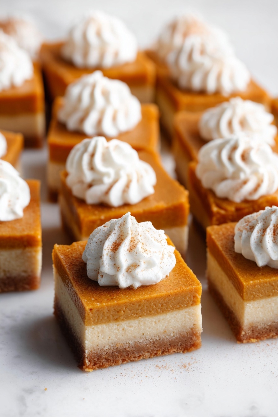 Pumpkin Pie Bars with Shortbread Crust, fall dessert recipes, easy pumpkin dessert, holiday pumpkin bars, seasonal pumpkin recipes - The image shows small square layered pumpkin dessert bars arranged closely on a white marbled surface. Each bar has three clear layers from bottom to top: a light brown crust base, a pale creamy middle layer, and a thick orange pumpkin layer on top. A swirl of white whipped cream sits in the center of each bar, slightly raised with soft ridges, and is lightly dusted with a small amount of brown spice. The lighting is soft and bright, making the colors of the dessert warm and inviting. photo taken with an iphone --ar 2:3 --v 7