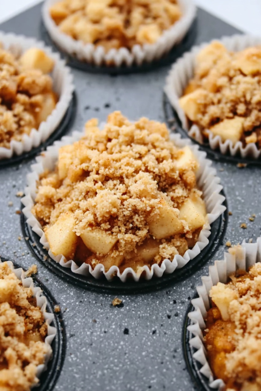 Apple Cinnamon Cheesecake Cupcakes, apple cinnamon cupcakes, cheesecake cupcakes with apples, spiced apple dessert, easy apple cheesecake treats - The image shows a close-up of several small muffin cups filled with a diced apple mixture that looks soft and cooked, topped with a crumbly golden-brown streusel layer. Each muffin cup is lined with white paper and placed in a dark muffin tin, resting on a white marbled surface. The crumb topping looks crunchy and uneven, with some larger chunks scattered on top. The diced apples beneath are a warm light brown color with soft edges, giving a cozy baked look. Photo taken with an iphone --ar 2:3 --v 7