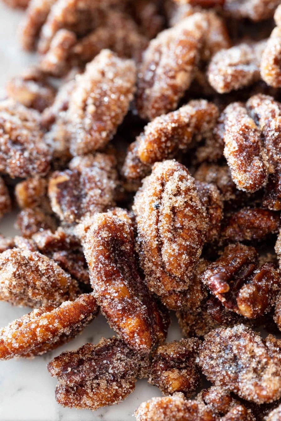 Cinnamon Sugar Roasted Pecans, cinnamon pecans, roasted pecan snack, sweet pecan treats, gift-worthy pecans - This image shows many small pieces of pecans covered with a crunchy cinnamon sugar coating. The nuts are dark brown with rough, uneven textures from the sugary spice mix. There are different sizes=