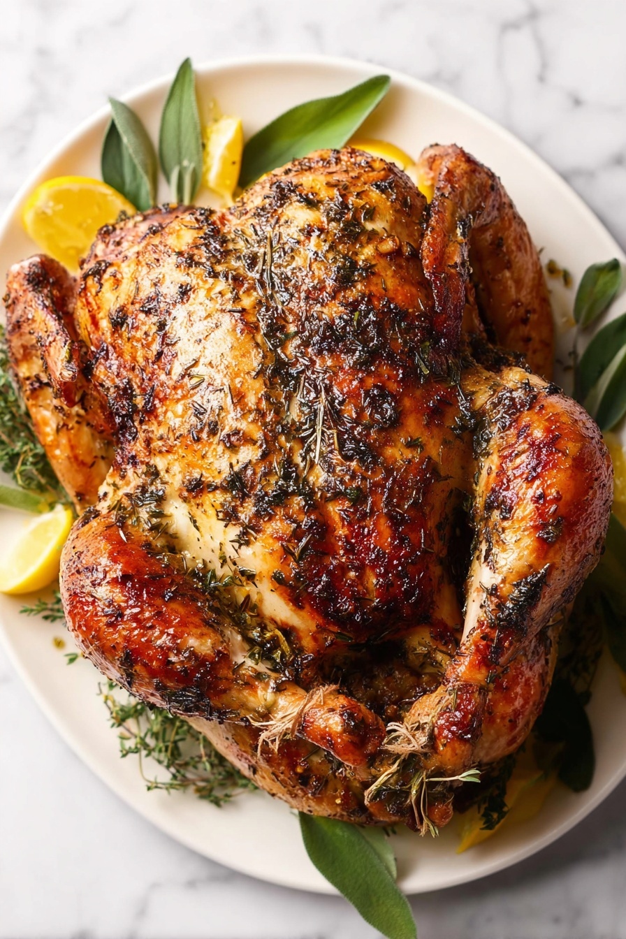 Herb Butter Roast Turkey, Herb Butter Turkey, Roast Turkey with Herbs, Juicy Roast Turkey, Crispy Skin Turkey - A whole roasted chicken is placed on a white plate, with its golden-brown skin covered in dark herbs and spices. The chicken is positioned with its legs tied together at the top side and wings tucked close to the body. Around the chicken, bright green herb leaves and small yellow lemon slices create a fresh border along the edge of the plate. The white plate sits on a smooth white marbled surface, adding a clean backdrop to the rich colors of the roast and garnishes. photo taken with an iphone --ar 2:3 --v 7