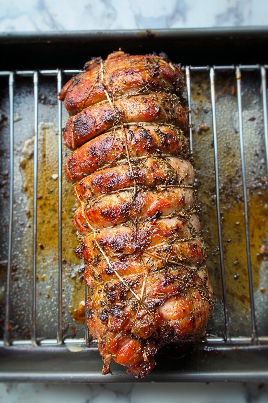 Porchetta with Fennel and Herbs, Italian Roast Pork, Fennel Herb Roast Recipe, Gourmet Pork Belly Roast, Elegant Holiday Pork Dish - A roasted rolled meat with a crispy, golden-brown outer layer sits on a metal grilling rack inside a baking tray. The piece is tied tightly with string around it, creating several segments along its length. The surface of the meat is speckled with dark grilled herbs and spices, and the meat’s texture looks slightly charred and juicy. The tray beneath the rack catches drips of juice and browned bits, with a shiny, oily finish. The whole scene is set against a white marbled texture. photo taken with an iphone --ar 2:3 --v 7