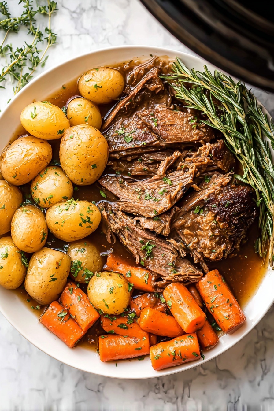 Slow Cooker Pork Roast with Vegetables, easy pork roast recipe, hearty slow cooker meals, tender pork shoulder recipe, weekend comfort food - The image shows a cooked meal in a black pot, featuring two large pieces of browned meat, one with a bone in the middle. Surrounding the meat are golden small potatoes and orange carrot pieces scattered throughout the pot in a broth. On top of the food, there are green sprigs of rosemary and thyme adding fresh color. Small bits of green herbs are sprinkled over the meal, giving it a fresh look. The pot is on a white marbled surface. photo taken with an iphone --ar 2:3 --v 7