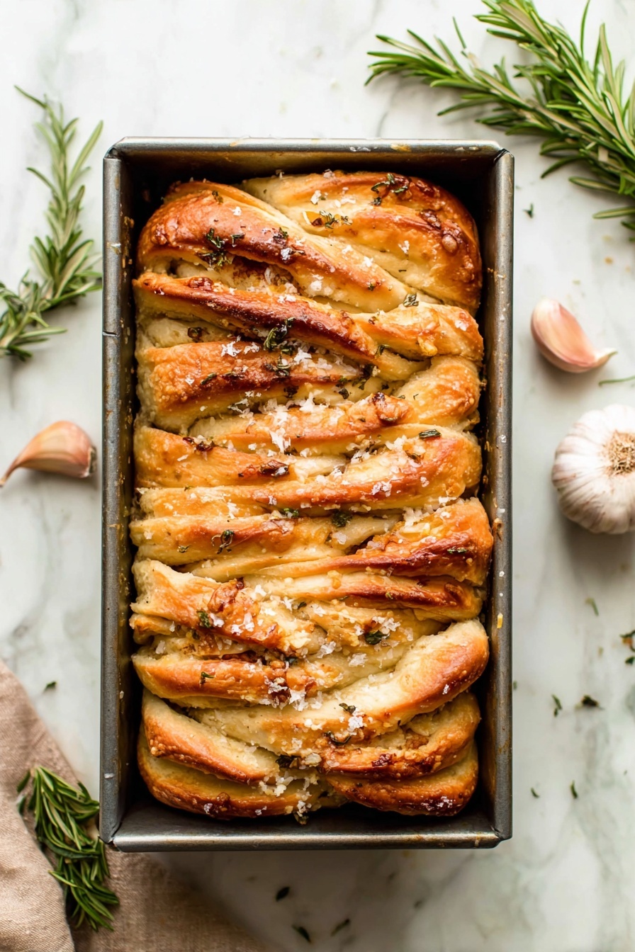 Rosemary Garlic Pull Apart Bread, easy garlic herb bread, cheesy pull apart bread, homemade savory bread, aromatic herb bread - The image shows a loaf of pull-apart bread in a rectangular metal baking tin placed on a white marbled surface. The bread has multiple layers and folds, each layer golden brown with soft, fluffy inner textures visible between. The top is sprinkled with coarse salt flakes and small pieces of rosemary, giving it a slightly rough texture and a natural, fresh look. Some layers have a slight shine while others show a matte finish with browned edges. Two garlic cloves and a sprig of rosemary are placed nearby, adding to the rustic feel of the scene. Photo taken with an iphone --ar 2:3 --v 7