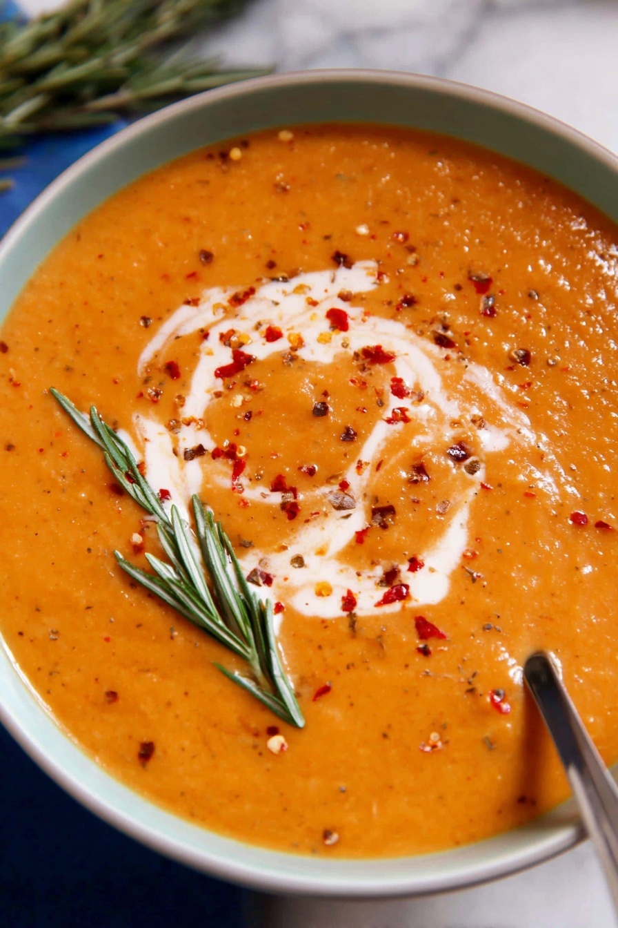Creamy Roasted Vegetable Soup, roasted vegetable soup, easy veggie soup, healthy vegetable soup, comforting vegetable soup - The image shows a bowl filled with thick orange soup that has a smooth, creamy texture. The soup is garnished with a swirl of white cream on top, and sprinkled with small red chili flakes. Two green sprigs of rosemary lay on one side, adding a fresh, natural touch. The soup is served in a white bowl that sits on a white marbled surface, and a spoon with some soup on it rests at the edge of the bowl. photo taken with an iphone --ar 2:3 --v 7