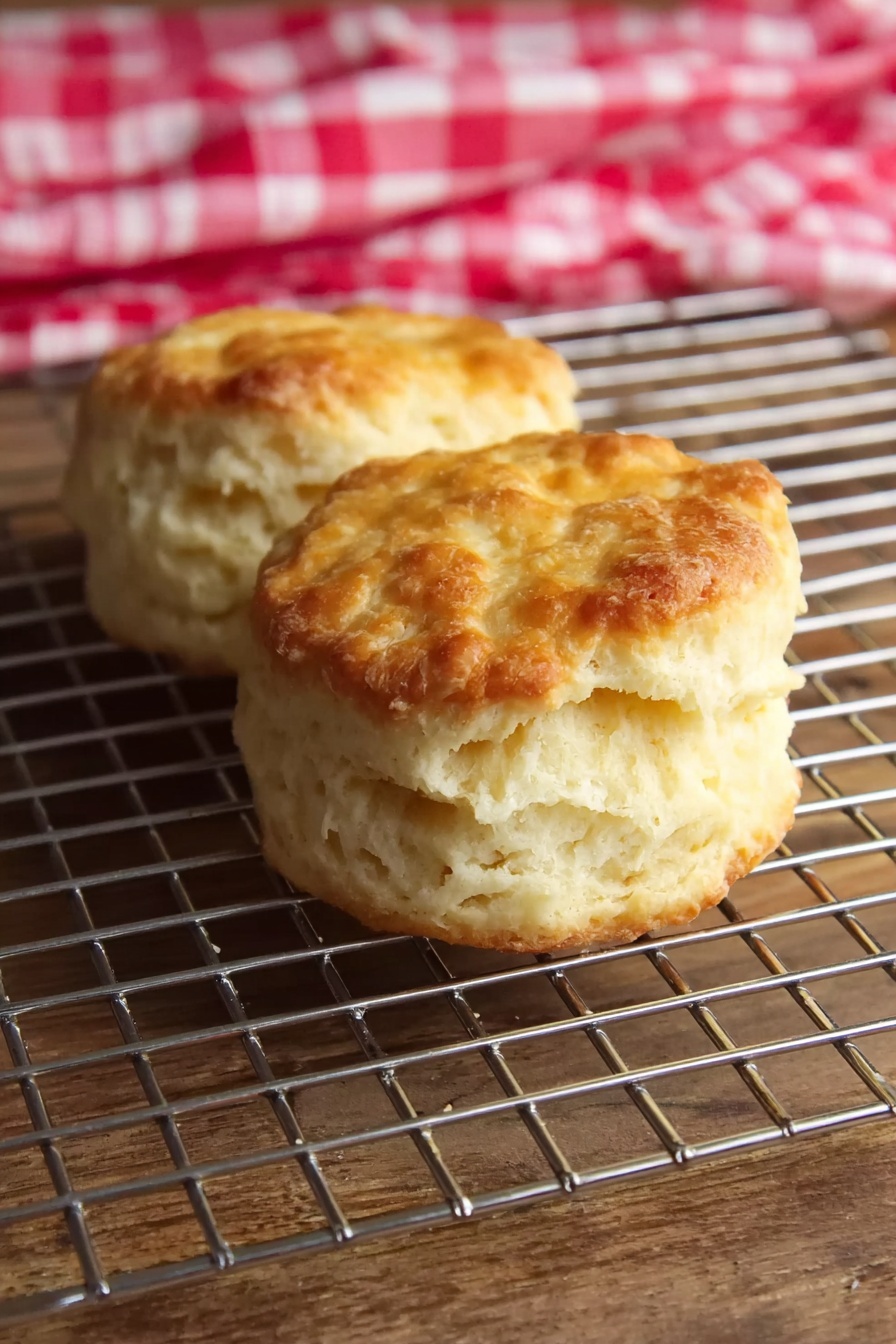 Homemade Angel Biscuits, easy biscuit recipe, flaky homemade biscuits, soft butter biscuits, breakfast biscuit recipes - Two biscuits with a golden brown top and a soft, fluffy light yellow inside sit on a silver cooling rack. The cooling rack rests on a wooden surface, with a red and white checkered cloth blurred in the background. The biscuits are round with slightly uneven edges, showing a delicate, crumbly texture. photo taken with an iphone --ar 2:3 --v 7