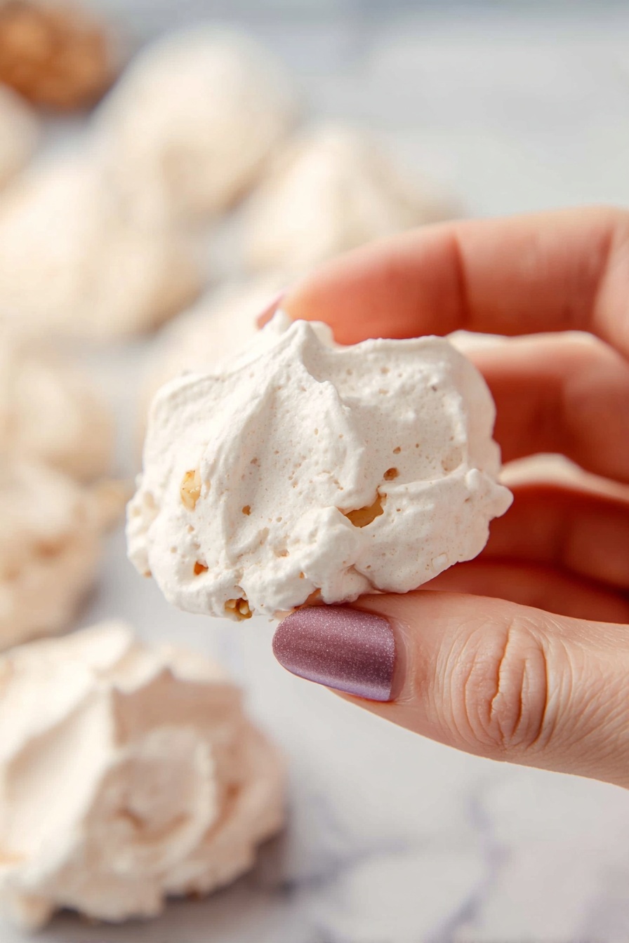 Old-Fashioned Divinity Candy, divinity candy recipe, homemade divinity, classic candy recipe, pecan divinity candy - A close-up of a woman's hand holding a small, light-colored meringue with a rough texture and small nut pieces mixed inside. The meringue has a slightly rounded shape with a few peaks and a soft, airy look. In the background, several similar meringues are blurred, resting on a white marbled surface. The woman's nails are painted with a shiny mauve color. Photo taken with an iphone --ar 2:3 --v 7
