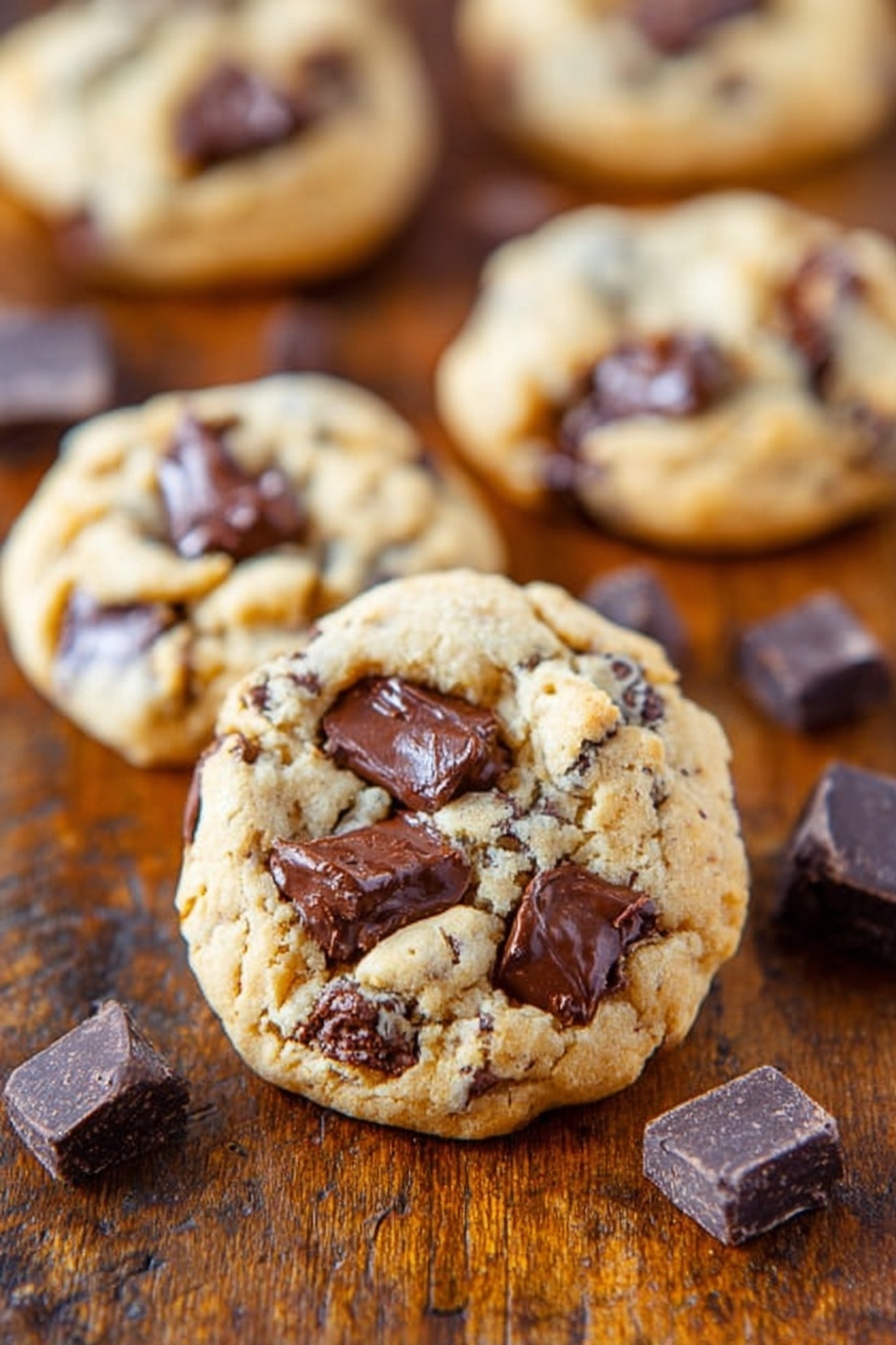 Cream Cheese Chocolate Chip Cookies, Cream Cheese Cookies, Chewy Chocolate Chip Cookies, Soft Cookie Recipes, Easy Cookie Recipes - The image shows several chocolate chip cookies resting on a wooden surface. The cookies are light golden brown and have a rough, soft texture with uneven edges. Each cookie has many dark brown chocolate chunks scattered on top and embedded inside, giving a rich contrast to the dough. Around the cookies, there are a few loose chocolate pieces placed randomly on the wood. The background is blurred, focusing clearly on the cookies in the front. Photo taken with an iphone --ar 2:3 --v 7