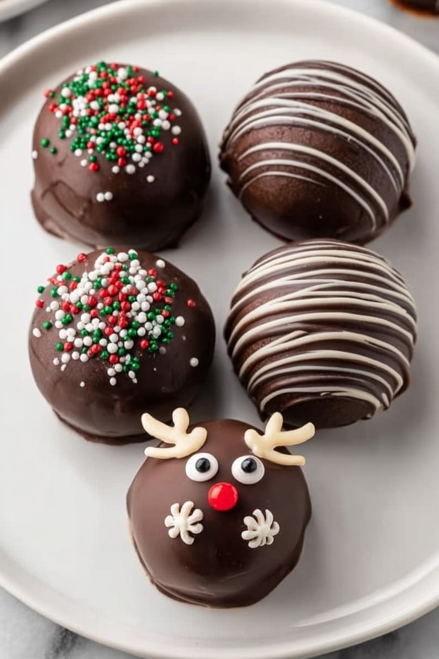 Hot Chocolate Bombs with Cocoa Powder, homemade hot chocolate bombs, chocolate spheres for hot cocoa, easy hot chocolate bombs, festive hot chocolate gifts - The image shows three smooth, round chocolate balls on a white plate, each covered with a dark brown chocolate shell. The chocolate balls are decorated with thin, uneven lines of white chocolate drizzled across the top, creating a striped pattern. The white plate has a simple design and sits on a white marbled surface, which brings a clean look to the setting. The chocolate balls are shiny and slightly reflective, and they look rich and well-made. Photo taken with an iphone --ar 2:3 --v 7