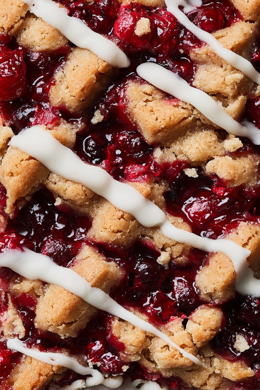 Cranberry Crumble Bars, cranberry dessert bars, tart and sweet bars, easy cranberry crumble, holiday cranberry treats - The image shows a close-up view of a dessert made of three main layers: the base layer is bright red berry filling with whole and broken pieces of berries, giving it a juicy and shiny texture; scattered on top are thick, rough chunks of golden-brown baked dough creating a lattice effect with uneven edges and crumbly surface; white icing is drizzled across the top in thin, smooth lines that contrast with the rough dough and glossy berries. The whole scene is on a white marbled texture background. photo taken with an iphone --ar 2:3 --v 7