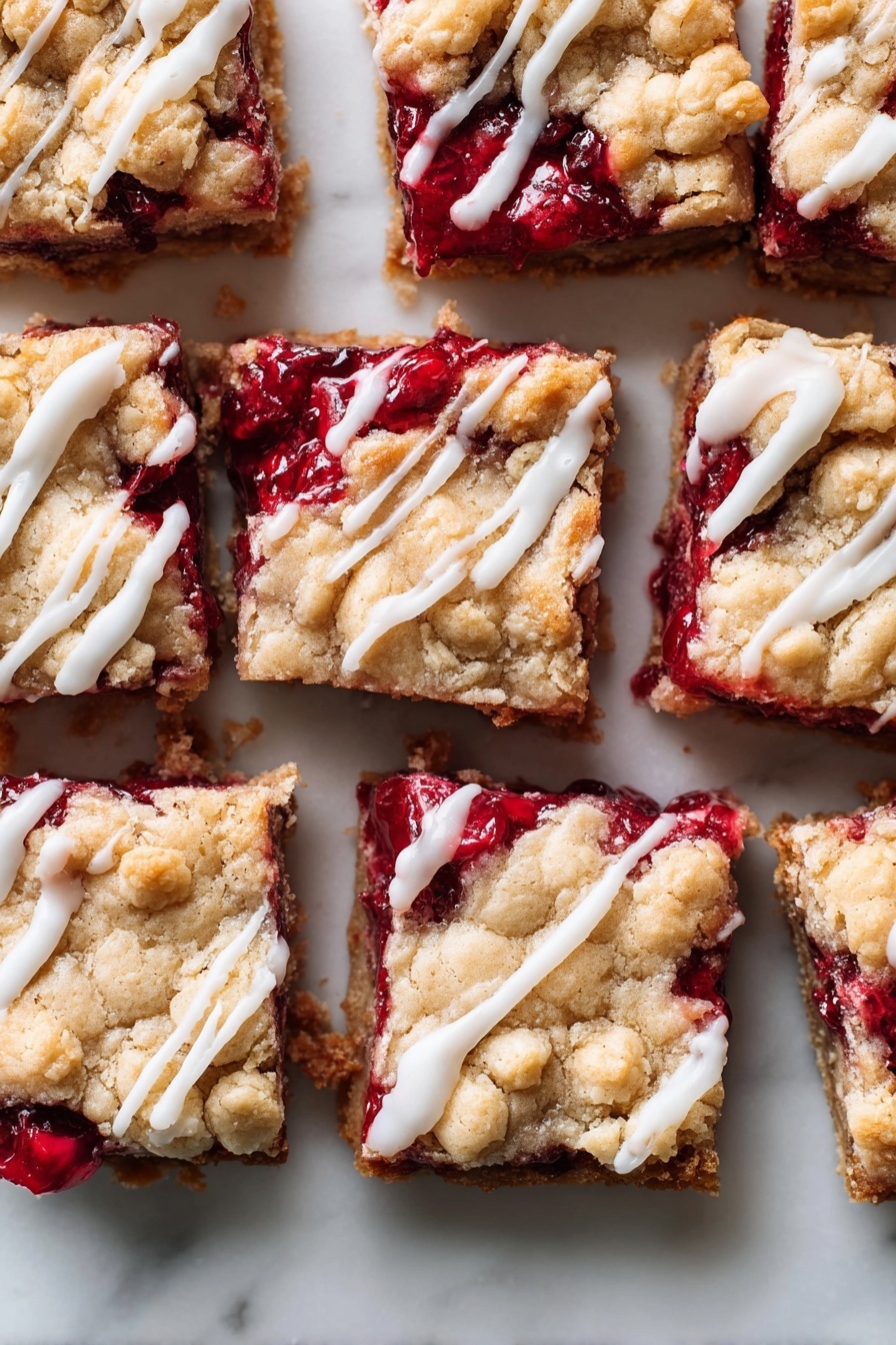 Cranberry Crumble Bars, cranberry dessert bars, tart and sweet bars, easy cranberry crumble, holiday cranberry treats - The image shows a close-up of nine square-shaped dessert bars arranged in a grid on a white marbled surface. Each bar has two main layers: a golden-brown crumbly top with a rough texture, and a bright red fruit filling underneath that appears juicy and slightly glossy with visible whole berries. There are white icing drizzle lines scattered unevenly on top of the crumbly layer, adding contrast to the warm golden and red colors. The edges of the bars show the rich fruit filling oozing out just a little, and the bars look soft and thick, with clear separations between each square. photo taken with an iphone --ar 2:3 --v 7