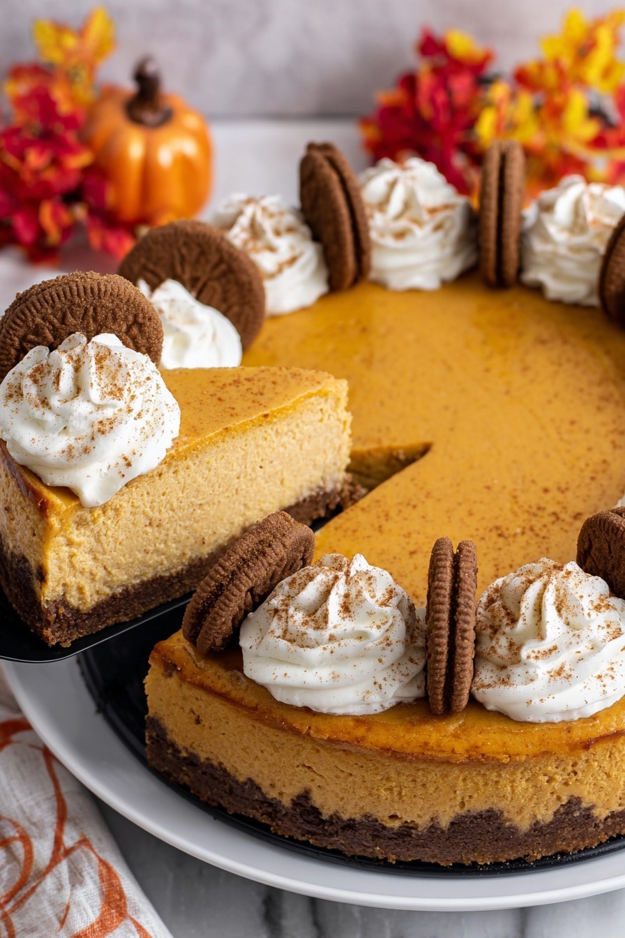 Pumpkin Cheesecake, pumpkin cheesecake recipe, fall dessert, creamy pumpkin cheesecake, gingersnap crust dessert - A thick pumpkin cheesecake sits on a white plate over a white marbled surface; one large slice is being lifted by a black spatula. The cheesecake has two visible layers: a dense brown crust and a smooth orange pumpkin layer on top. Around the edge of the cheesecake are dollops of white whipped cream, each topped with a sprinkle of cinnamon and a single brown cookie standing upright, creating a decorative border. Behind the plate, there are small fall-themed decorations with orange, red, and yellow colors, adding a seasonal vibe. photo taken with an iphone --ar 2:3 --v 7