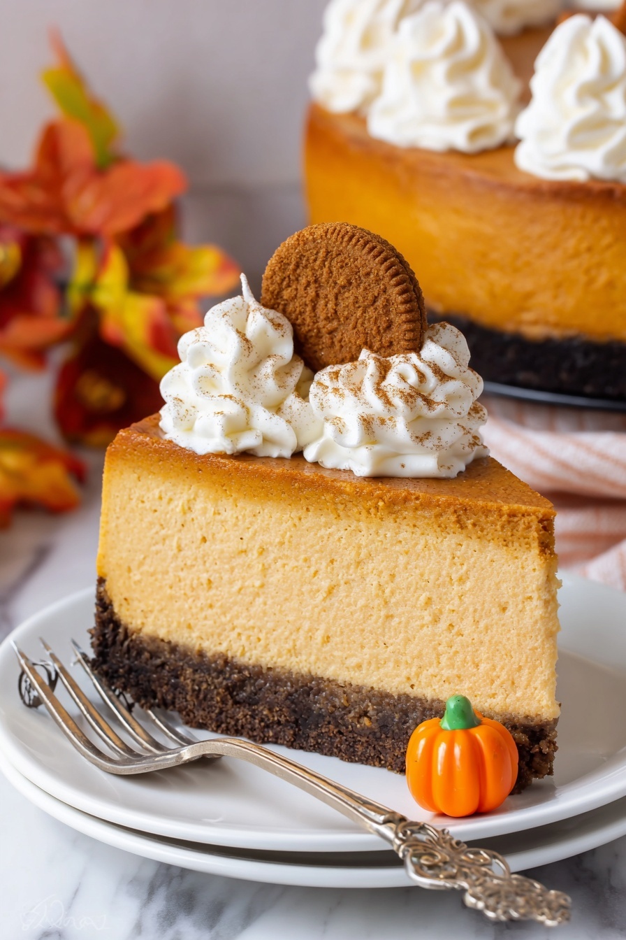 Pumpkin Cheesecake, pumpkin cheesecake recipe, fall dessert, creamy pumpkin cheesecake, gingersnap crust dessert - A slice of pumpkin cheesecake with three visible layers: a thick dark brown crust at the bottom with a rough texture, a large light orange creamy pumpkin filling in the middle, and two swirls of white whipped cream on top sprinkled with cinnamon. A small round brown cookie is placed vertically between the whipped cream swirls, and a small bright orange candy shaped like a pumpkin sits at the base of the slice. The cheesecake slice is on a white plate with an ornate silver fork resting on its right side, all set on a white marbled surface with soft autumn decorations in the background. Photo taken with an iphone --ar 2:3 --v 7