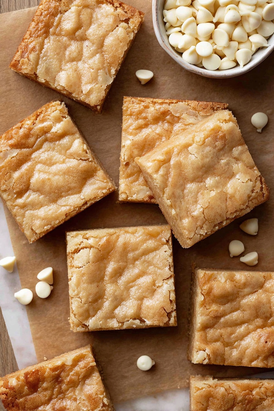 White Chocolate Brownie Bars, White Chocolate Brownie recipe, Easy White Chocolate Brownies, White chocolate dessert bars, Chocolate and White Chocolate Brownie - The image shows several square blondie bars arranged closely on brown parchment paper placed on a white marbled surface. Each blondie has a light golden-brown crust with a cracked, almost shiny top that gives a slightly wrinkled texture. The edges of the bars are a bit darker, showing a firmer and crisp look. Scattered around the blondies are some white chocolate chips, with a small white bowl filled with more of the chips in the upper right section of the image. The overall tone is warm and inviting with a clear focus on the smooth, cracked texture of the blondie tops. photo taken with an iphone --ar 2:3 --v 7