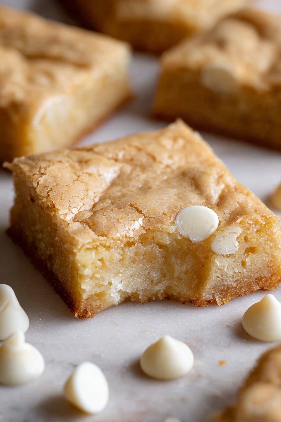 White Chocolate Brownie Bars, White Chocolate Brownie recipe, Easy White Chocolate Brownies, White chocolate dessert bars, Chocolate and White Chocolate Brownie - A close-up shows a square blondie bar with a golden-brown, cracked top layer and a soft, moist light yellow bottom layer. The blondie has a small bite taken out of one corner, exposing its dense interior texture. Around the blondie are smooth, creamy white chocolate chips scattered on a white marbled surface. The background shows parts of other similar blondies out of focus, creating a warm, homemade feel. photo taken with an iphone --ar 2:3 --v 7