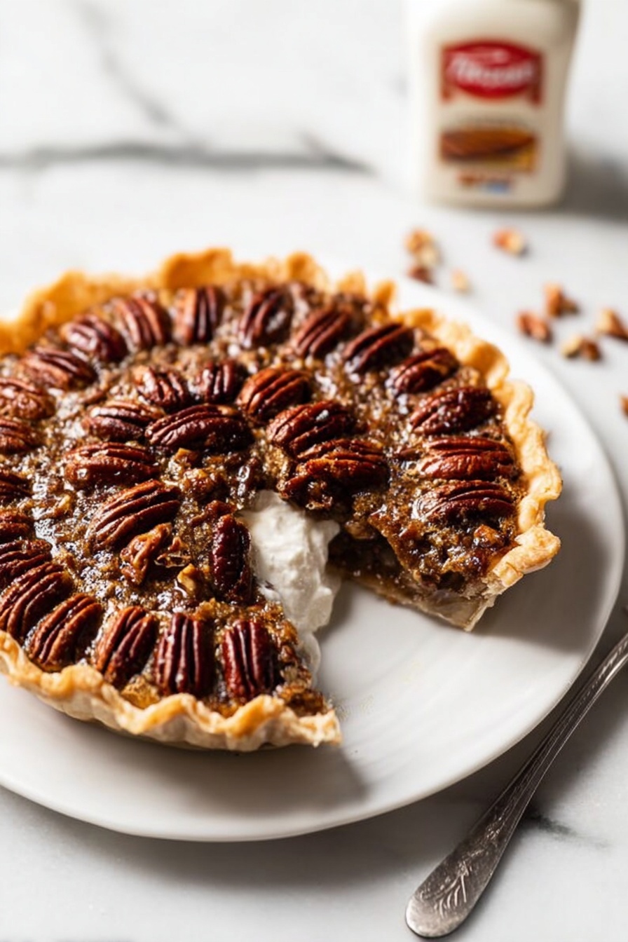 Chocolate Bourbon Pecan Pie, bourbon pecan pie, chocolate pecan pie, festive pecan pie, easy bourbon pie - A round pecan pie with a golden, crimped crust sits centered on a white plate over a beige linen napkin placed on a white marbled surface. The pie filling is dark brown with a glossy texture, topped with a neat layer of whole pecans arranged in concentric circles filling the entire pie surface. Around the plate, there are scattered whole pecans and some pecan halves on the white marbled surface. To the upper left, a small white bowl filled with pecans is visible, and above the pie, a clean white bowl with two forks rests on a striped beige cloth. To the lower left, two clear glasses filled with a white liquid enhance the composition. A silver knife lies to the right of the plate on the linen. Photo taken with an iphone --ar 2:3 --v 7