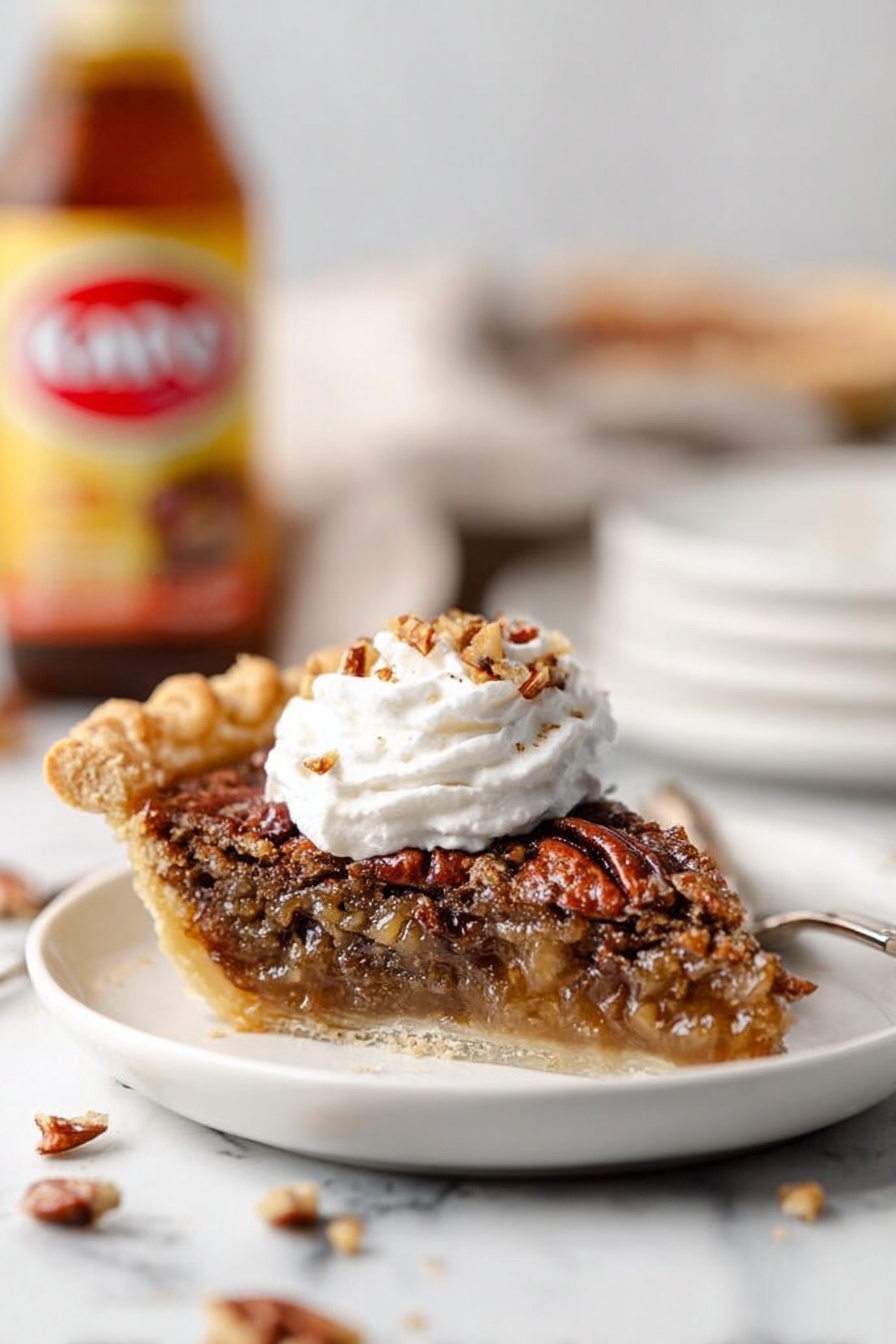 Chocolate Bourbon Pecan Pie, bourbon pecan pie, chocolate pecan pie, festive pecan pie, easy bourbon pie - The image shows a slice of pecan pie on a white plate placed on a white marbled surface. The pie has a thick, golden brown crust with a glossy, nutty filling made up of pecan halves and a sweet syrup. On top of the slice, there is a swirl of white whipped cream sprinkled with small pecan pieces. In the background, a bottle labeled 