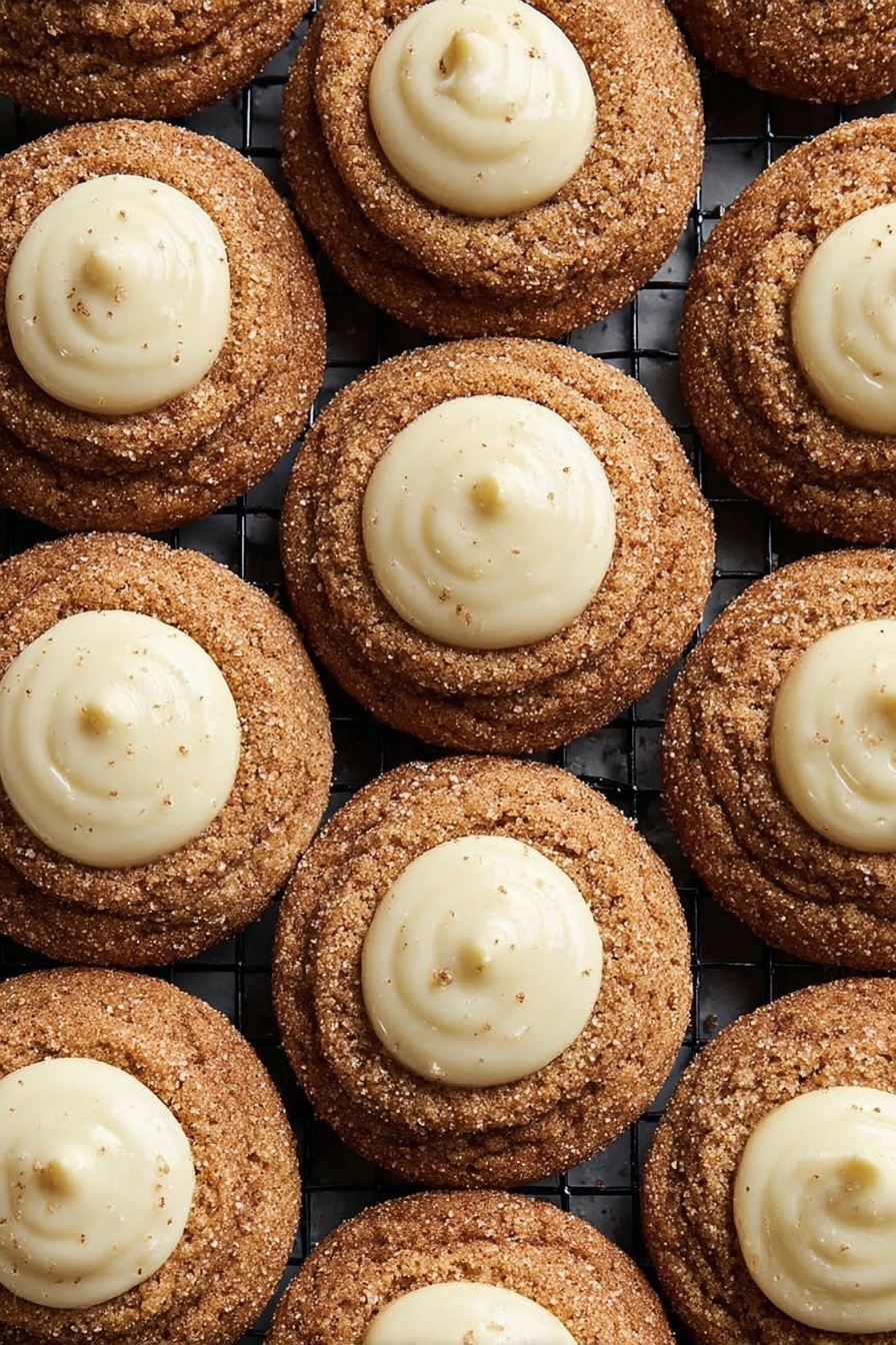 Eggnog Snickerdoodle Thumbprint Cookies, festive holiday cookies, eggnog white chocolate ganache cookies, cinnamon thumbprint cookies, holiday dessert recipes - The image shows many round cookies arranged closely on a black cooling rack with a grid pattern. Each cookie has two layers: the bottom layer is a light brown cookie with a rough, crumbly texture and a dusting of cinnamon or spice, while the top layer is a small dollop of smooth, white cream placed in the center of each cookie. The cookies appear soft and slightly thick, with the cream layer slightly glossy and smooth. The white marbled texture is visible in the background beyond the cooling rack. photo taken with an iphone --ar 2:3 --v 7