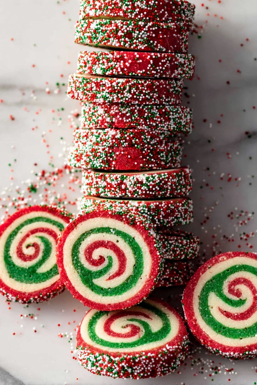 Festive Pinwheel Cookies, holiday swirl cookies, Christmas pinwheel cookies, colorful holiday cookies, festive cookie recipes - The image shows a stack of round pinwheel cookies with three visible layers spiraled inside each cookie: a red outer layer, a white middle layer, and a green inner layer. The edges of the cookies are covered with red, white, and green small round sprinkles that spill onto a white marbled surface. Some cookies are stacked neatly, while others lie flat beside the stack, showing the swirl pattern clearly. The cookies look festive and colorful, arranged in a tall stack with scattered sprinkles around them. Photo taken with an iphone --ar 2:3 --v 7