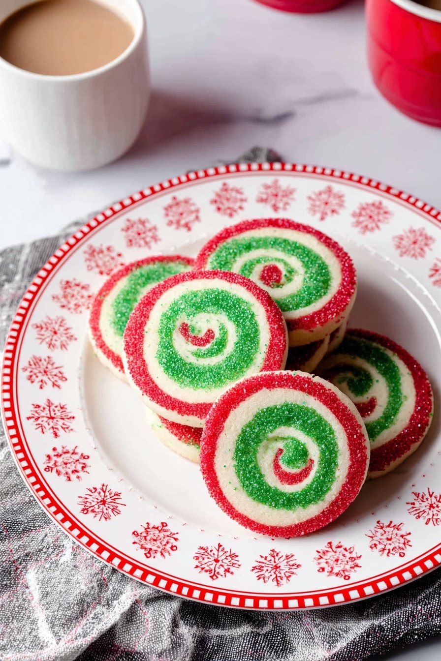 Festive Pinwheel Cookies, holiday swirl cookies, Christmas pinwheel cookies, colorful holiday cookies, festive cookie recipes - The image shows a stack of round spiral cookies on a white plate with red snowflake patterns and a red rim with dots and lines. The cookies have three colored layers forming a swirl: a green inner spiral, a white middle layer, and a red outer edge. The edges of the cookies are sprinkled with tiny colored sugar bits. The plate is placed on a white marbled surface, with part of a gray and white cloth visible underneath. To the top left of the plate, there is a white cup with a light brown drink inside, and to the top right, a red cup is partially visible. photo taken with an iphone --ar 2:3 --v 7