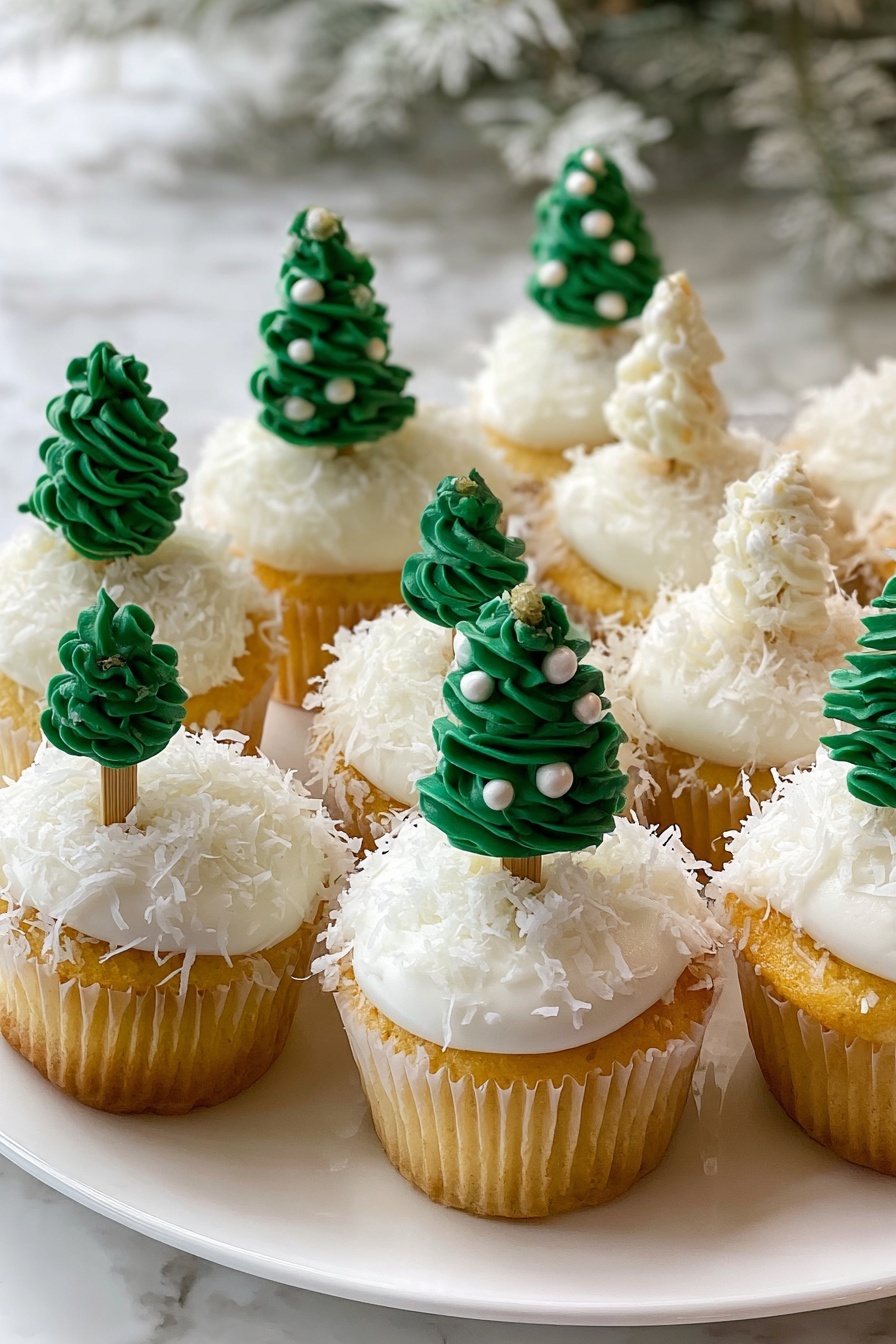 Easy Buttercream Frosting, creamy buttercream frosting, simple frosting recipe, homemade buttercream, fluffy frosting - This image shows several cupcakes arranged closely on a white plate placed on a white marbled surface. Each cupcake has one layer of golden yellow cake topped with a thick layer of white frosting, sprinkled with shredded coconut. Stuck on top of each cupcake is a green Christmas tree decoration made of swirled icing with small white round sugar dots, held up by a wooden toothpick. The green icing trees have different shapes and sizes, adding variation to the arrangement. Photo taken with an iphone --ar 2:3 --v 7