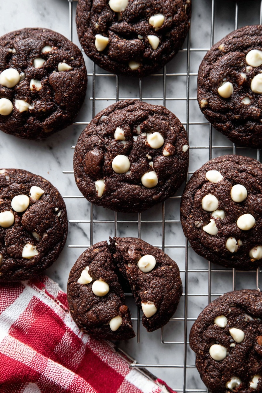 Inside Out Chocolate Chip Cookies, chocolate chip cookie recipe, cocoa cookies with white chocolate, chewy chocolate chip cookies, fun cookie recipes - Dark brown round chocolate cookies with white chocolate chips scattered on top and inside, some cookies are whole and some broken, placed on a silver wire rack on a white marbled surface. A red and white checkered cloth is partially visible under one side of the rack. The cookies have a slightly rough texture, with some white chips melting into the dark dough. Photo taken with an iphone --ar 2:3 --v 7