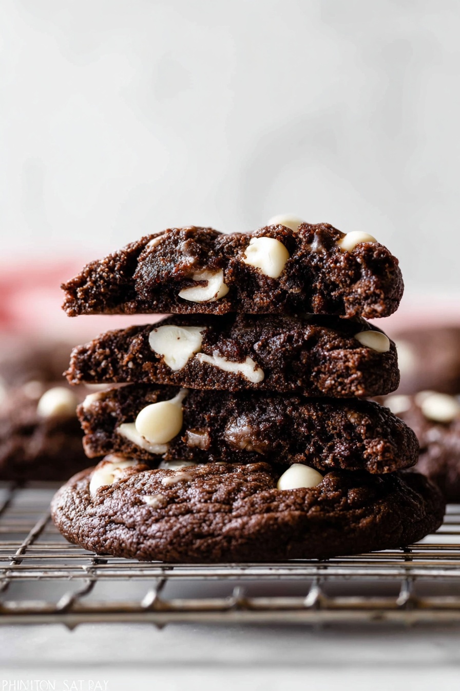 Inside Out Chocolate Chip Cookies, chocolate chip cookie recipe, cocoa cookies with white chocolate, chewy chocolate chip cookies, fun cookie recipes - The image shows a stack of three dark chocolate cookies with white chocolate chips. The bottom cookie lies flat on a metal cooling rack, with a soft and slightly bumpy texture. On top are two cookie halves stacked unevenly, showing a moist inside with white chocolate chips embedded inside and on the surface. The background is a smooth white marbled texture, which highlights the deep brown color of the cookies and the bright white of the chips. Photo taken with an iphone --ar 2:3 --v 7