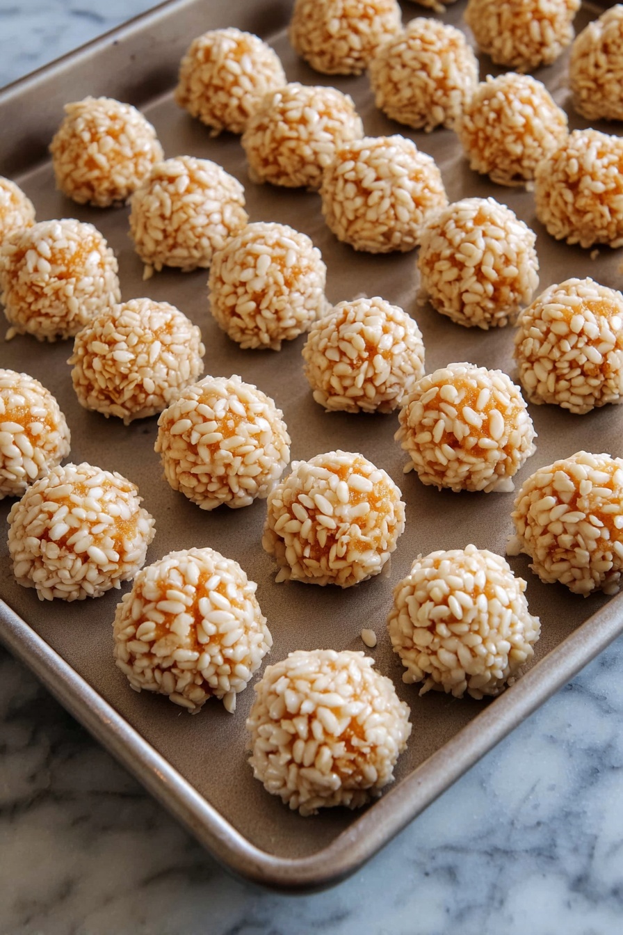 Caramel Marshmallow Rice Krispies Puffs, Rice Krispies treats with caramel and marshmallows, easy caramel Rice Krispies snacks, homemade caramel marshmallow puffs, dessert ideas with Rice Krispies - There is a metal baking tray filled with small round balls arranged in neat rows. Each ball has a smooth, orange base layer covered with a rough texture layer of puffed rice all around it. The tray sits on a white marbled surface, and the lighting highlights the crunchy texture of the puffed rice coating the balls. Photo taken with an iphone --ar 2:3 --v 7