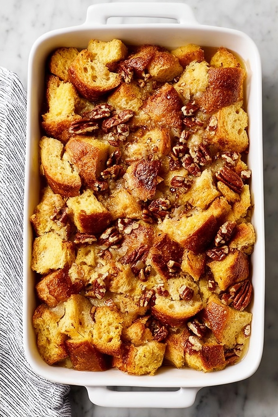 Easy French Toast Casserole with Pecans, French Toast Casserole with Pecans, Breakfast Casserole with Pecans, Easy Breakfast Recipes, Weekend Brunch Ideas - A white rectangular baking dish filled with a bread pudding made of uneven, golden-brown bread pieces as the top layer, with some pieces showing a crisp texture and others soft. Scattered throughout are small bits of pecans adding a nutty brown contrast on top. The dish rests on a white marbled surface with a striped cloth partially visible on the left side. The overall look is warm and inviting, showing a mix of crunchy and soft textures in a single-layer baked dish photo taken with an iphone --ar 2:3 --v 7