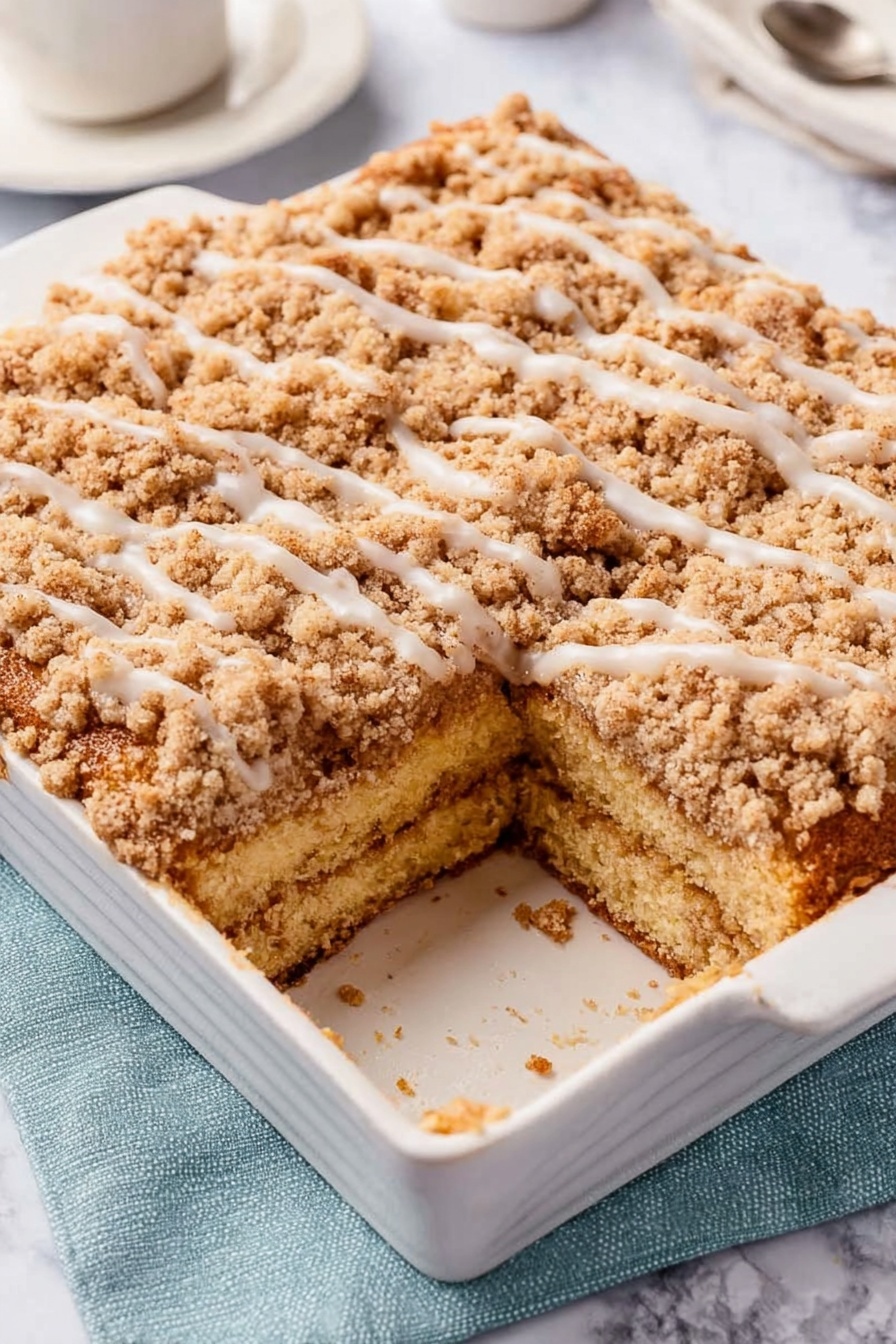 Sour Cream Coffee Cake with Streusel Glaze, coffee cake with streusel topping, moist sour cream coffee cake, easy coffee cake recipe, brunch coffee cake - The image shows a white square baking dish with a crumb cake inside. The cake has two layers of soft light brown cake with a thick layer of crumb topping and a drizzle of white icing on top. The crumb topping is coarse and golden brown, covering the whole surface of the cake. One piece of the cake is missing, revealing the layers inside. The dish is placed on a white marbled surface with a pale blue cloth on the side. Photo taken with an iphone --ar 2:3 --v 7