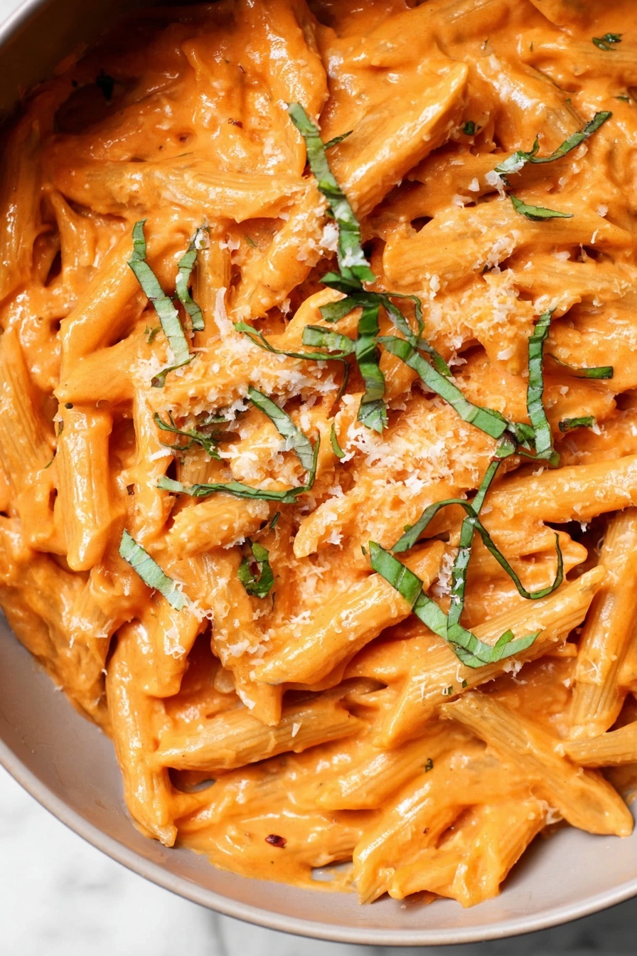 Creamy Penne alla Vodka, pasta recipes, creamy vodka pasta, easy penne pasta, indulgent pasta dishes - The image shows a close-up of penne pasta covered in a thick, smooth orange sauce. The pasta is mixed well with the sauce and topped with thin green strips of fresh basil scattered across the surface. There is a light sprinkle of grated cheese that adds a slightly grainy texture on top. The background is a white marbled texture, making the colors of the pasta and sauce stand out clearly. photo taken with an iphone --ar 2:3 --v 7