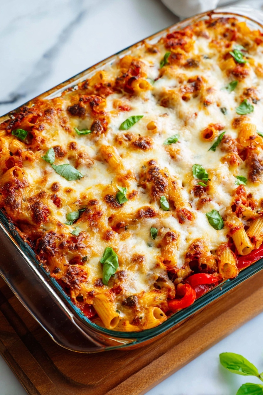 Roasted Vegetable Baked Ziti, baked ziti with roasted vegetables, healthy baked ziti recipe, cheesy roasted vegetable casserole, vegetarian baked ziti - A glass baking dish filled with a baked pasta dish showing three visible layers: the bottom layer is a bright red tomato sauce with chunks of cooked red bell peppers; the middle layer has rigatoni pasta mixed with more sauce and vegetables, and the top layer is covered with melted, golden-brown cheese that has some lightly charred spots and fresh green basil leaves scattered on top. The dish sits on a wooden board placed on a white marbled surface with a few small basil leaves scattered nearby. photo taken with an iphone --ar 2:3 --v 7