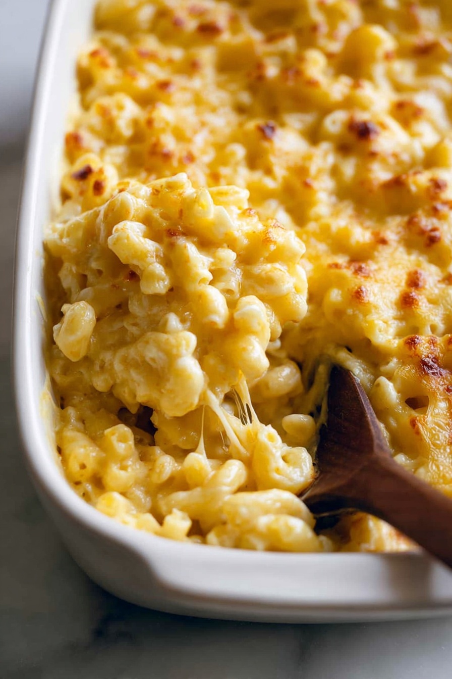Creamy Baked Mac and Cheese, baked mac and cheese recipe, cheesy baked pasta, homemade mac and cheese, comfort food recipes - A close-up of a white rectangular dish filled with creamy macaroni and cheese. The top layer is golden and slightly browned with melted cheese that looks soft and thick. The macaroni pasta underneath is coated in a rich, smooth yellow cheese sauce. A wooden spoon is partially inside the dish, scooping up the macaroni, showing the cheese sauce stretching slightly. The dish sits on a smooth white marbled surface. Photo taken with an iphone --ar 2:3 --v 7