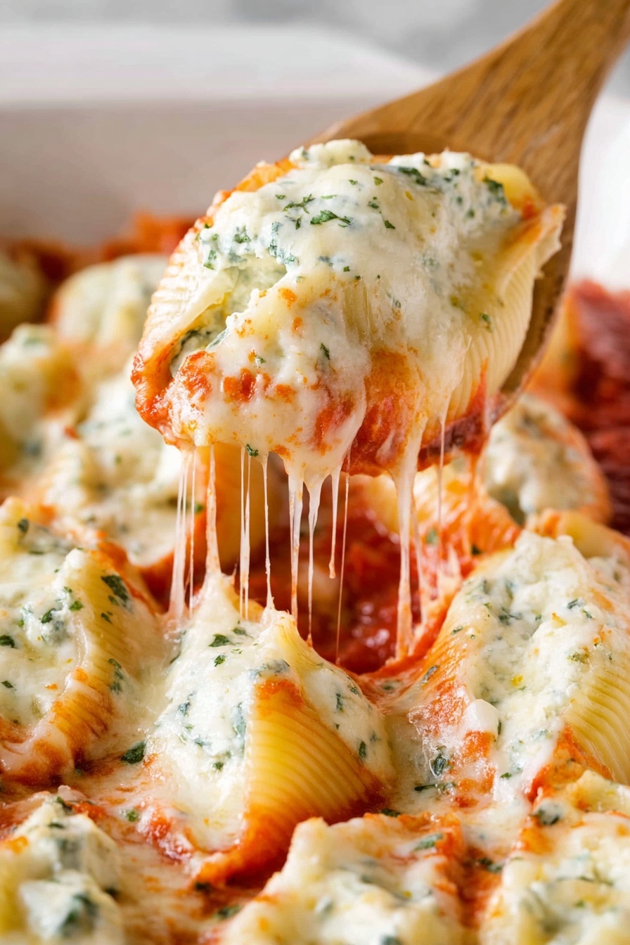 Cheesy Chicken Stuffed Shells, cheesy stuffed pasta, chicken pasta bake, baked stuffed shells, creamy chicken pasta - The image shows a tray full of stuffed pasta shells arranged tightly side by side on a white marbled surface. Each pasta shell is pale yellow and filled with creamy white cheese inside. Over the shells is a layer of red tomato sauce, topped by melted white cheese that flows smoothly over the shells. Small green pieces of herbs are sprinkled evenly across the whole dish, adding small green dots on the cheese and sauce. The texture of the melted cheese is soft and shiny, and the tomato sauce appears slightly chunky. photo taken with an iphone --ar 2:3 --v 7