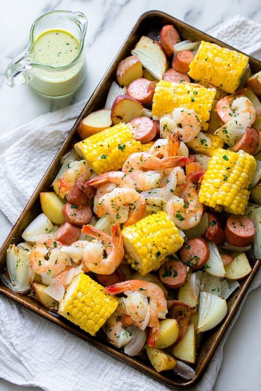 Old Bay Shrimp Boil, seafood boil recipe, seafood boil with Old Bay, shrimp boil easy, seafood feast - This image shows a tray of cooked food with several layers. The bottom layer consists of sliced red potatoes and onion pieces scattered across the tray. On top of this layer are thick slices of yellow corn on the cob, arranged in clusters. Mixed among the corn and potatoes are pink shrimp with tails on, and chunks of sliced sausage that are rich brown with a smooth texture. The entire dish is sprinkled lightly with green herbs, adding a splash of color. In the corner, there is a small clear glass pitcher containing a light green sauce with herbs, placed on a white marbled surface with a white cloth underneath the tray. photo taken with an iphone --ar 2:3 --v 7