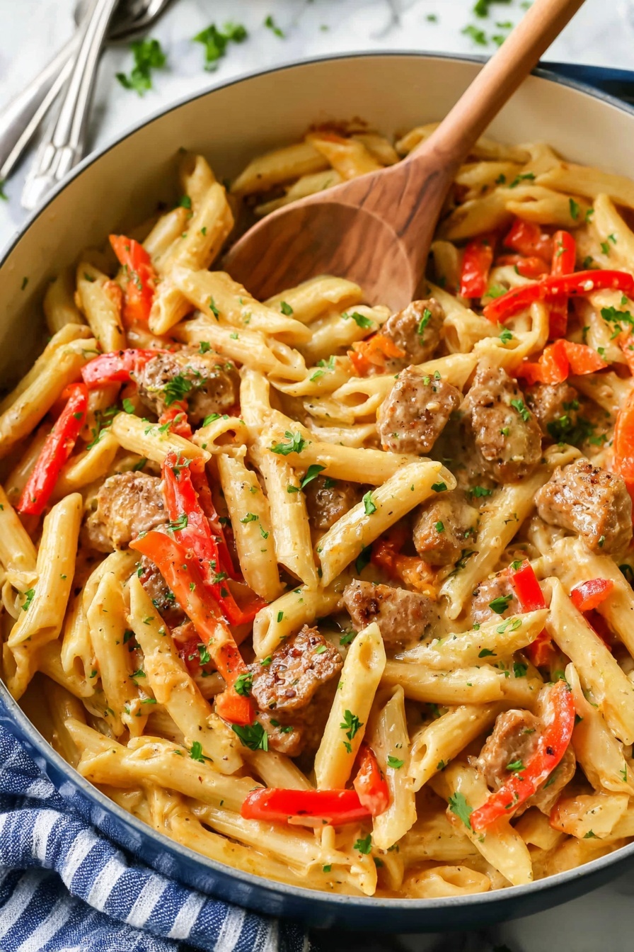 Creamy Cajun Chicken Pasta, Cajun chicken pasta, easy Cajun pasta recipe, cheesy Cajun pasta dish, spicy chicken pasta - A white pan filled with pasta dish showing three main layers: the first layer is pale yellow penne pasta with a smooth texture, mixed evenly throughout; the second layer includes chunks of brown cooked meat scattered on top of the pasta; the third layer consists of thin red and orange bell pepper strips mixed throughout the dish; small green parsley leaves are sprinkled across the surface for garnish, and a wooden spoon is partially digging into the dish from the top left side. The pan sits on a white marbled surface with a blue and white striped cloth partly underneath, and a silver fork is placed next to the cloth. photo taken with an iphone --ar 2:3 --v 7