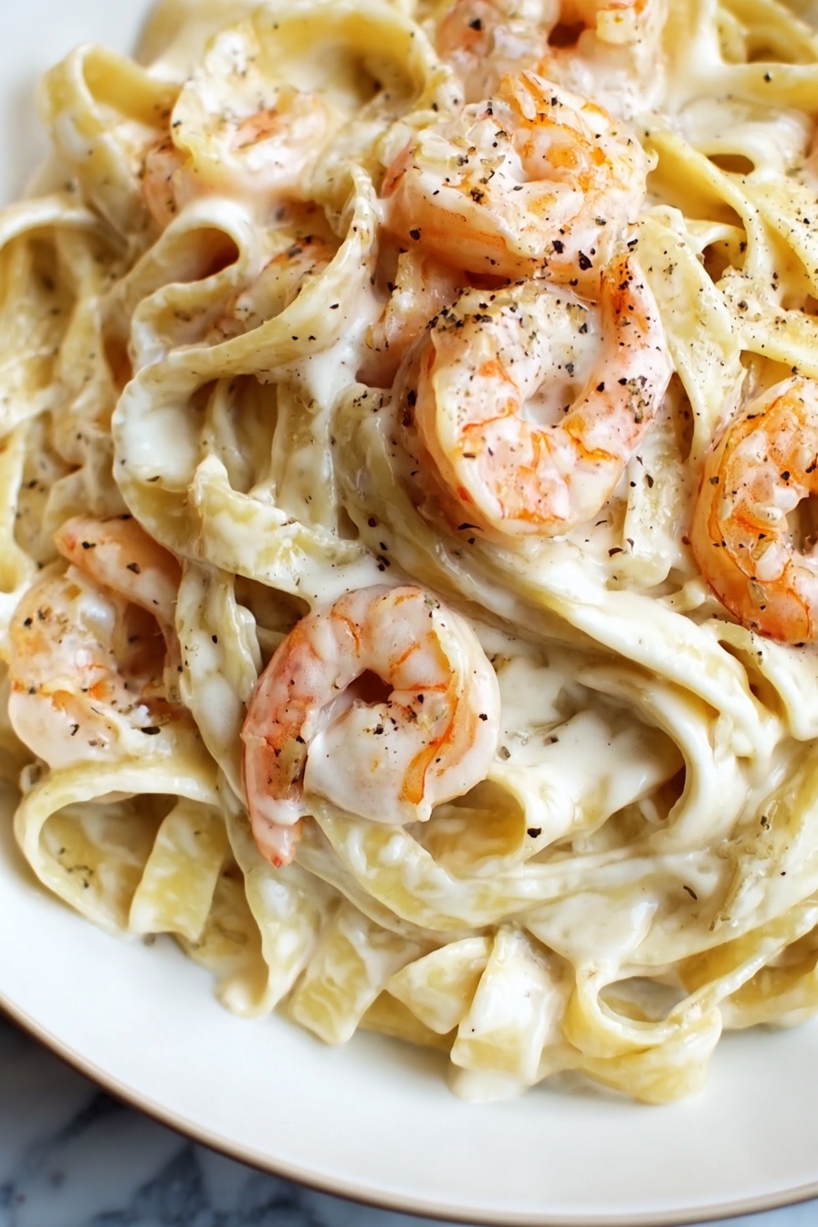 Shrimp Alfredo Pasta, creamy shrimp pasta, easy shrimp Alfredo, quick pasta recipes, shrimp pasta dinner - The image shows a close-up of creamy shrimp pasta with thick, flat noodles mixed in a white cream sauce. The noodles are smooth and light yellow, tangled together with several plump, pink shrimp placed on top and within the pasta. The shrimp have a light, slightly translucent texture with some orange highlights. Small specks of black pepper are sprinkled evenly over the dish, adding contrast to the creaminess. The background is a white marbled texture. photo taken with an iphone --ar 2:3 --v 7