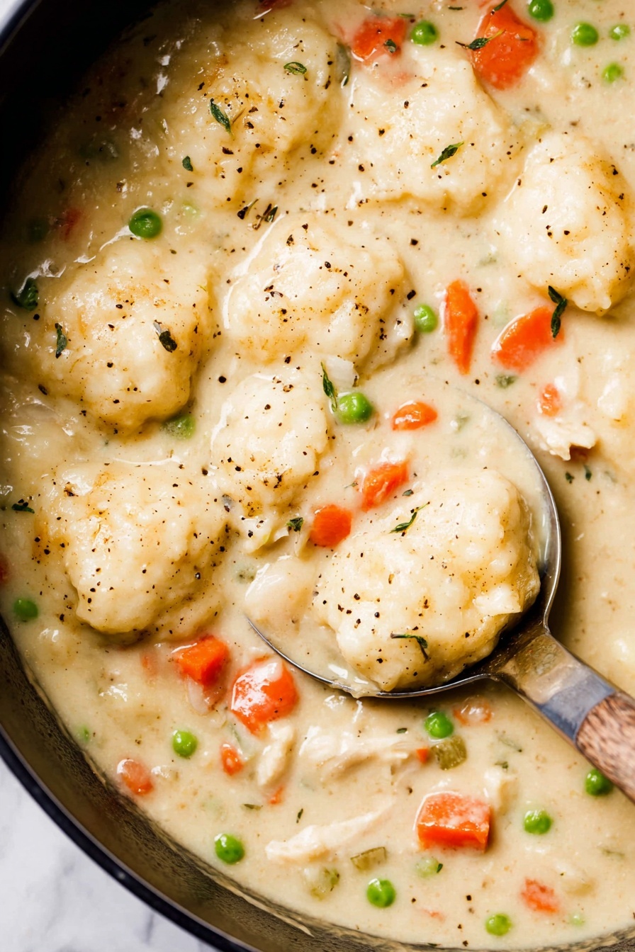 Vegan Chicken and Dumplings Soup, vegan comfort food recipes, plant-based soup recipes, vegan hearty soups, vegan friendly dinner ideas - This image shows a close-up of a creamy stew in a black pot, filled with chunky white dumplings that have a soft, fluffy texture and are sprinkled with black pepper. The stew is thick and light beige with visible chunks of orange carrots, small green peas, and pieces of white meat scattered throughout. A metal ladle with a wooden handle is partially submerged in the stew on the right side, scooping up one dumpling. The background surface has been changed to a white marbled texture. photo taken with an iphone --ar 2:3 --v 7
